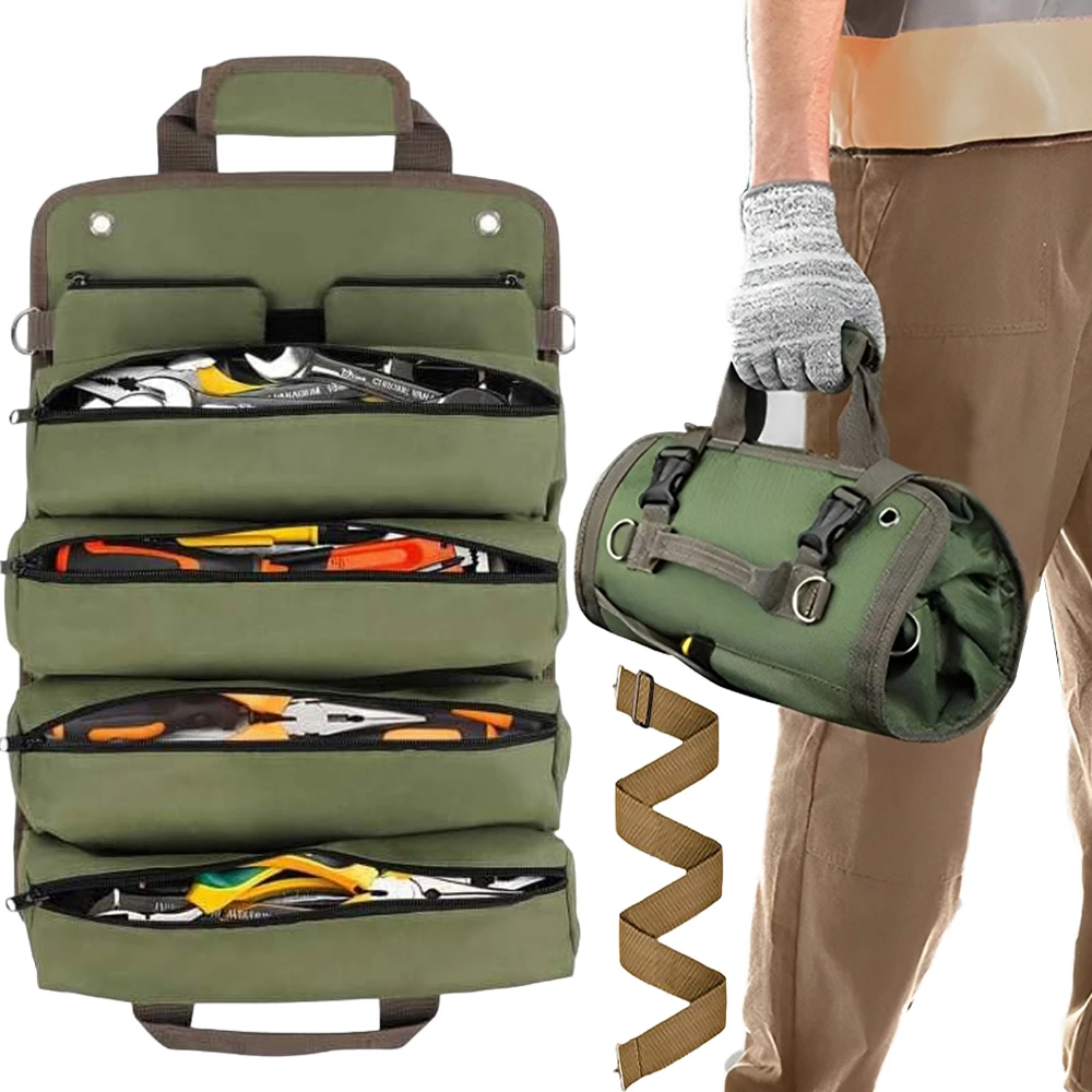 Sac à outils roulant avec poches amovibles, bretelles réglables, tissu Oxford 900D, vert