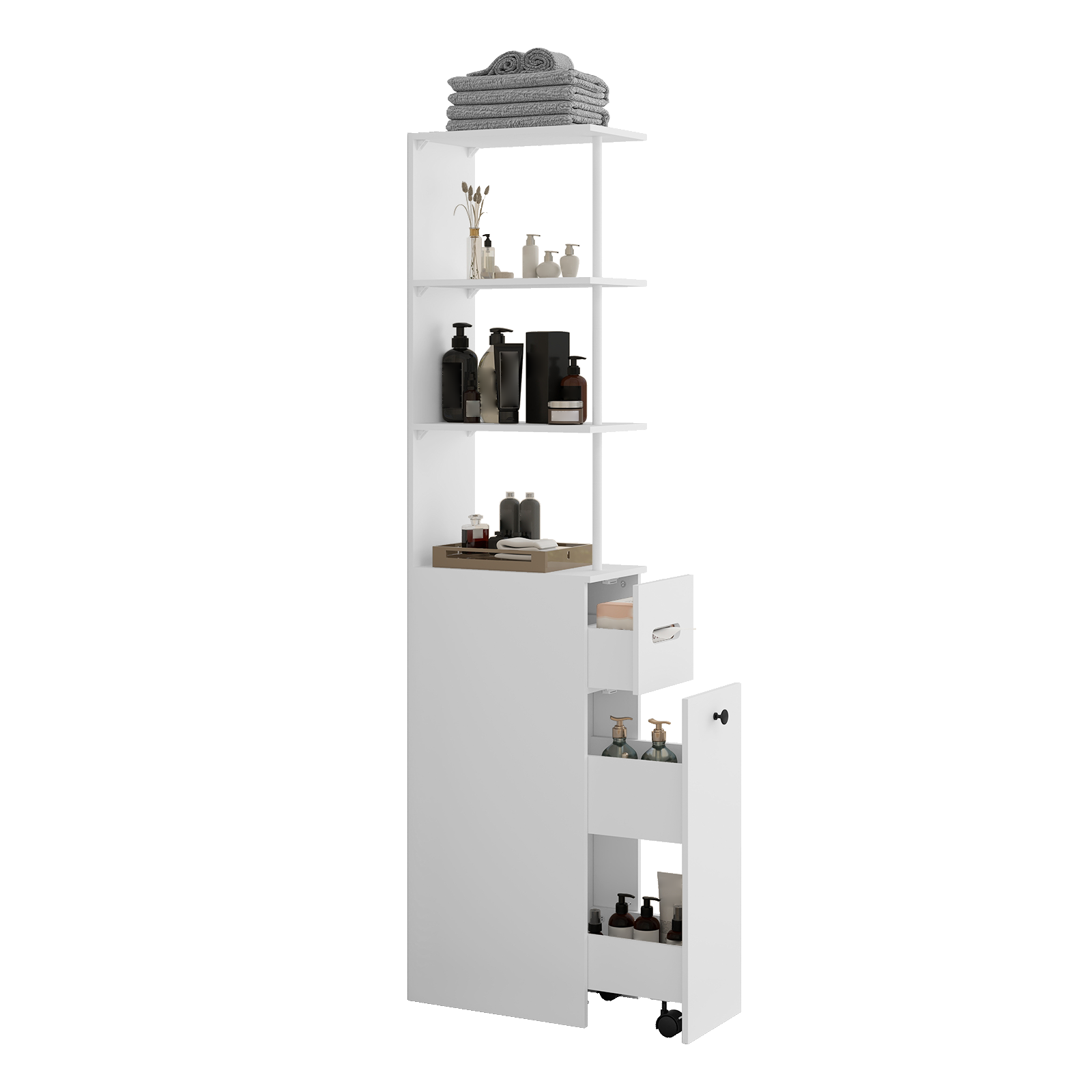 Puluomis - Meuble Salle De Bain Haut, Meuble Colonne Armoire Salle De Bain Commode À 3 Tiroirs 3 Compartiments Ouverts Pour Toilette Salon Cuisine 40 × 23 × 167 Cm Blanc
