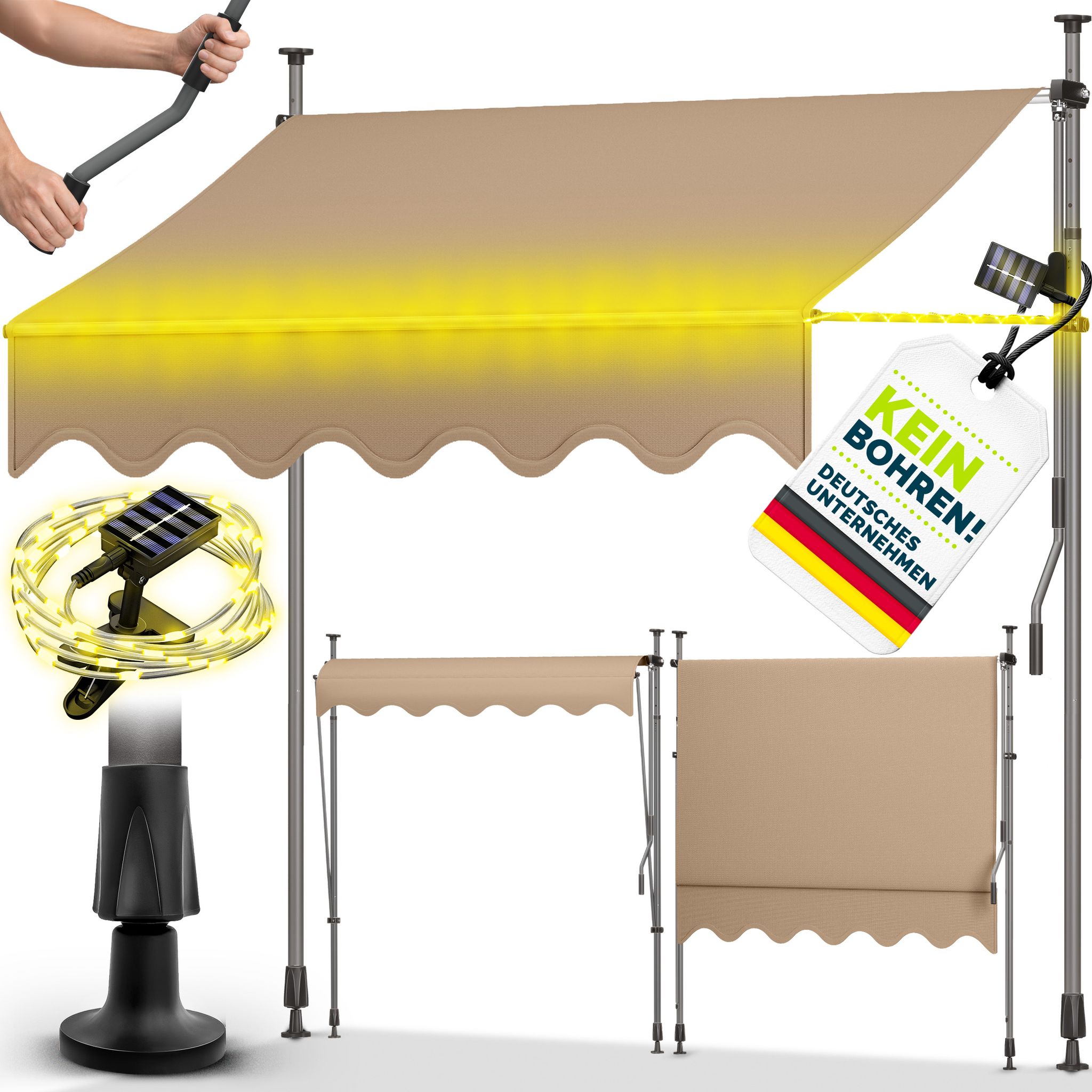 Tillvex Klemmmarkise 400 Cm Taupe Mit Solar Led Mit Handkurbel Balkon Balkonmarkise Ohne Bohren Markise Uv-beständig & Höhenverstellbar Sonnenschutz