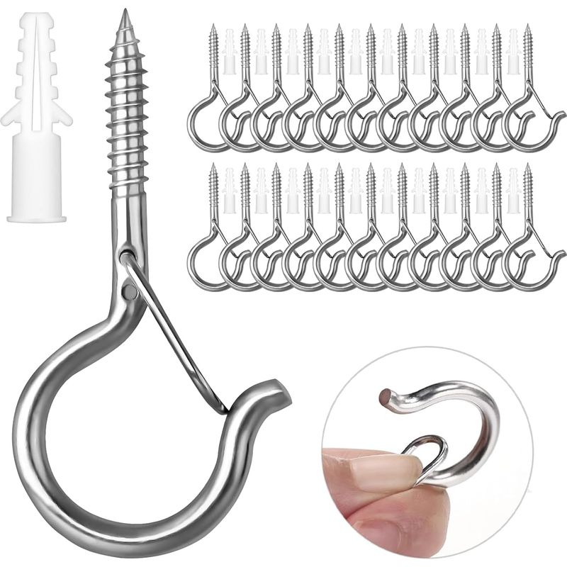 Crochets de plafond à visser en acier inoxydable avec boucle de sécurité, pour bois ou béton, lot de 30