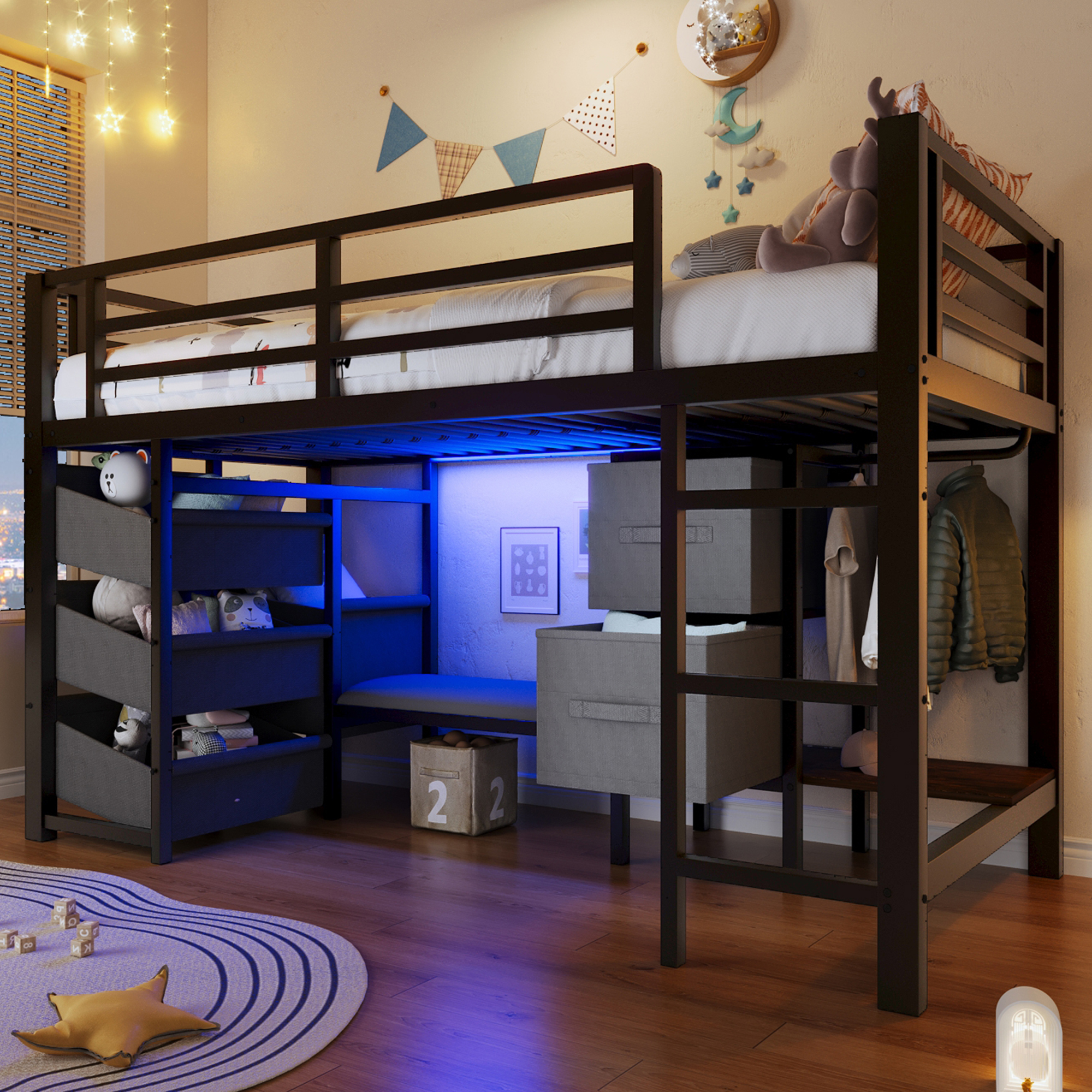 Stilvora Hochbett 90 X 200 Cm Mit Led Regulierbar, Stoffschublade, Aufbewahrungstasche Und Haken, Ohne Matratze, Aus Metall, Schwarz