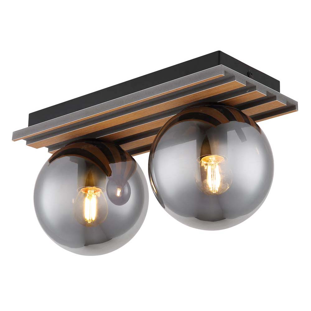 Deckenleuchte Deckenlampe Rauchglas Esszimmerleuchte Glaskugel 2 Flammig, Metall Glas Mdf, 2x E27 Fassung, Lxbxh 35x15x20 Cm
