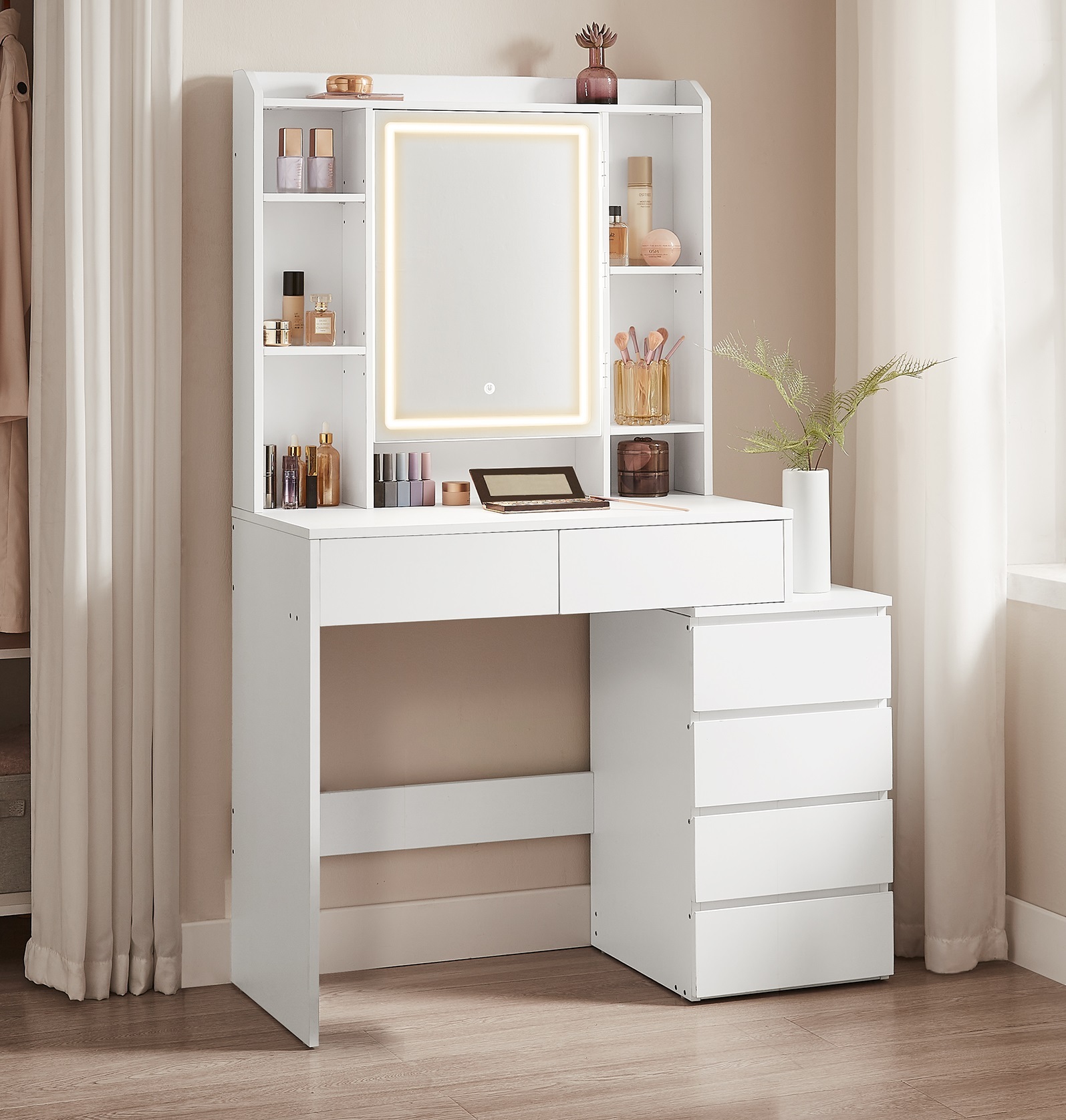 Vasagle - Coiffeuse, Grand Miroir Led,7 Compartiments Ouverts