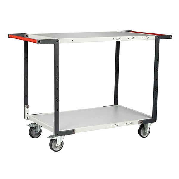 Servante d'atelier à monter, 2 plateaux mélaminés 850x495 mm, charge max 250 kg, roues TPE Ø125 mm, double poignées