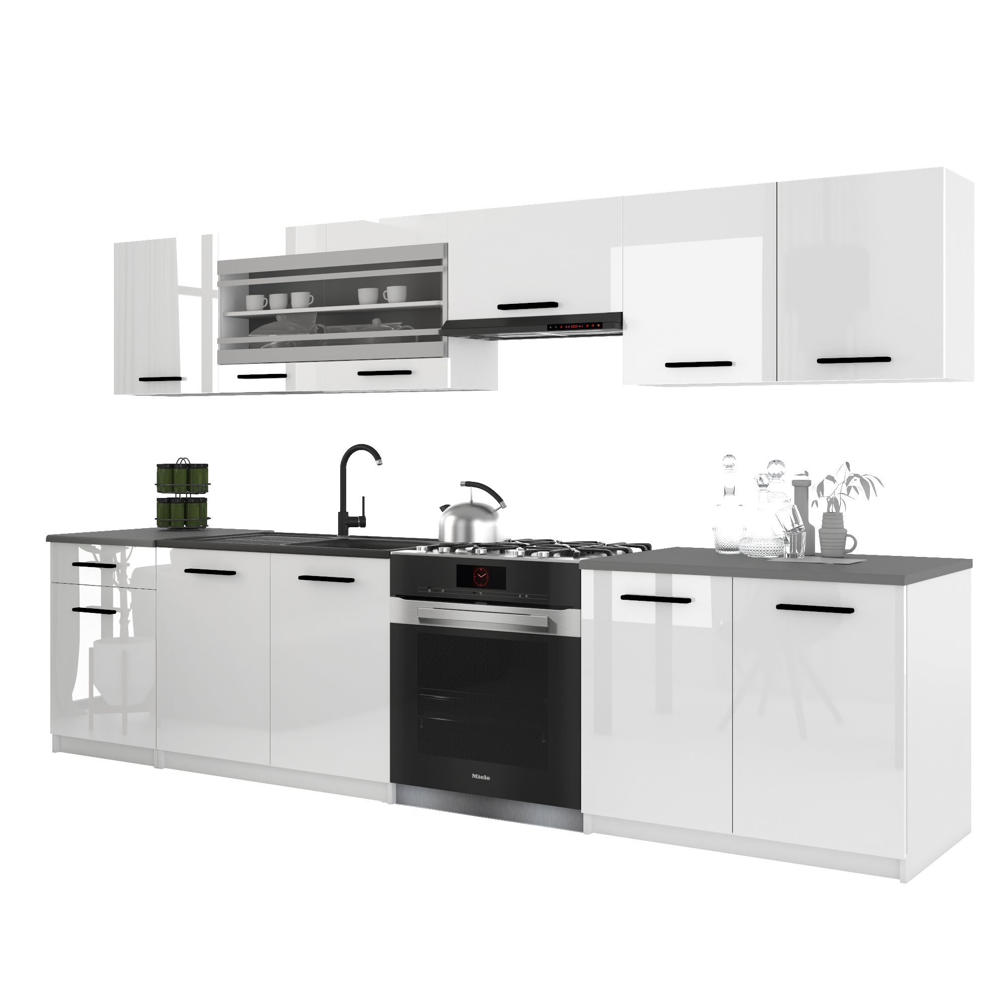 Belini Italia 4 Cuisine Equipée Modulaire Complète - 260 Cm. Meubles Hauts Bas Avec Plan De Travail, Blanc Très Brillant