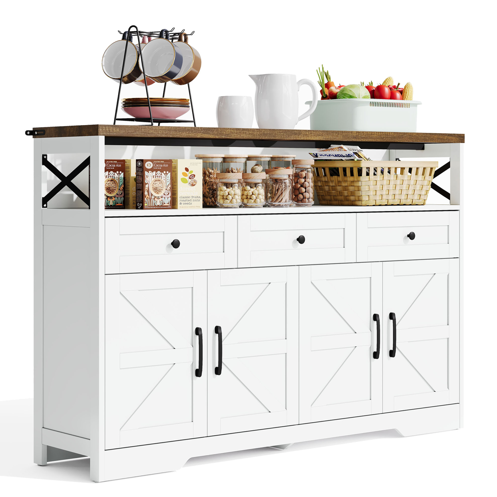 Stilvora Kuchenbuffet Mit 3 Schubladen, 2 Turen Und Offenem Fach, Rustikaler Stil, Fur Kuche Und Wohnzimmer, Aus Mdf 140×35×95 Cm