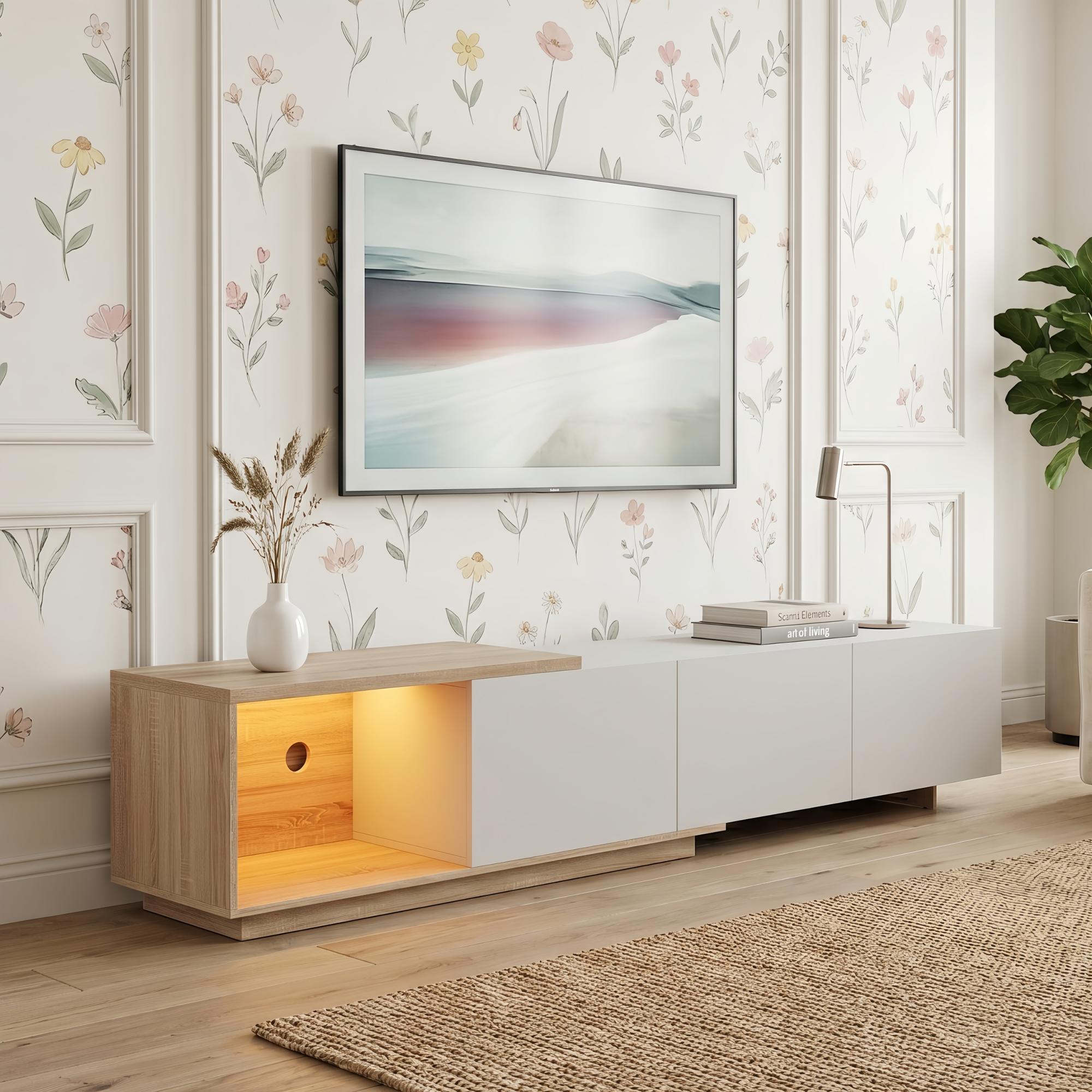 Meuble Tv Bois Extensible 240 Cm Blanc - Design Moderne Avec 3 Tiroirs