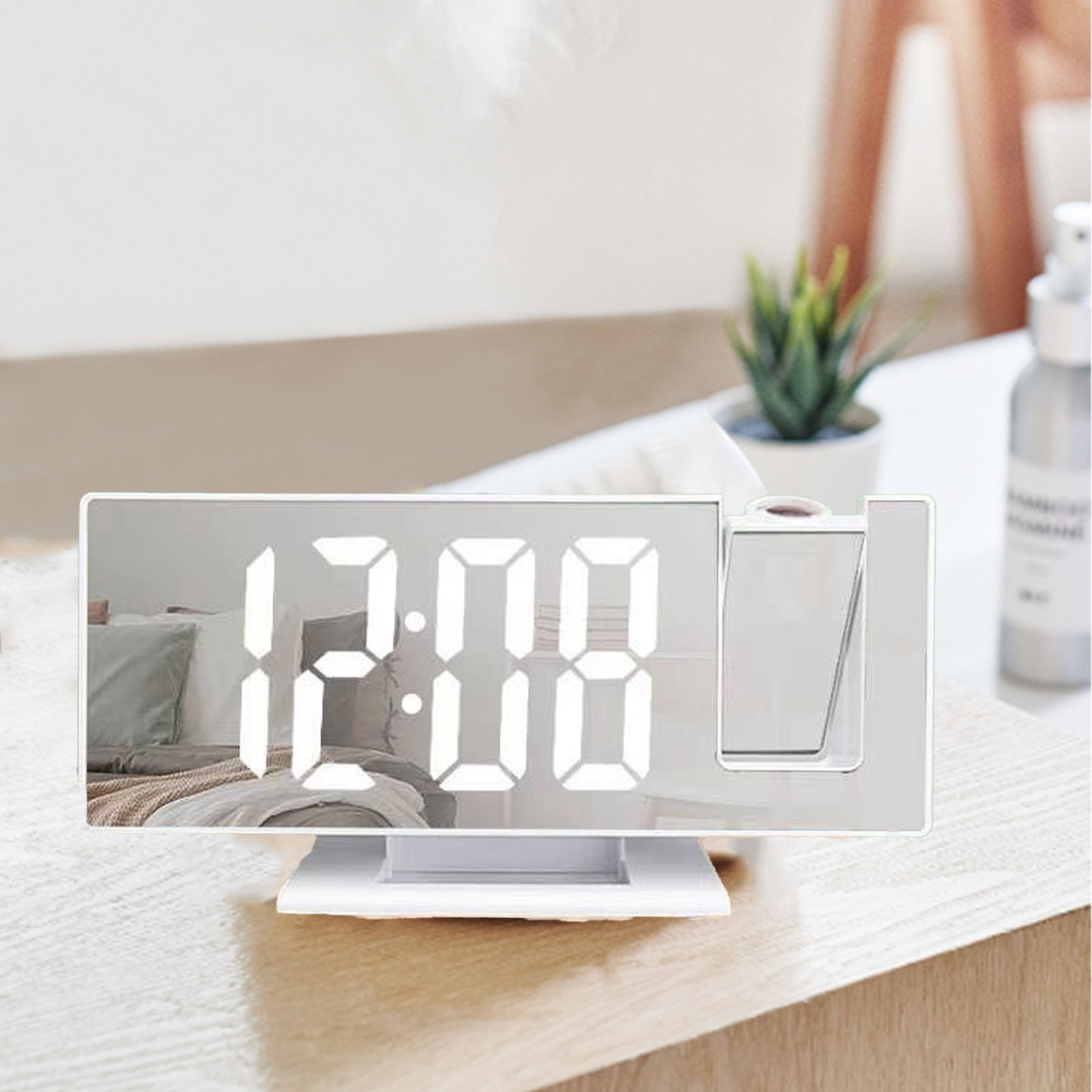 Sveglia Digitale Con Proiezione Per Camera Da Letto - Sveglia Con Ampio Schermo Led E Specchio Di Proiezione, Colore Bianco [abs] - Facile Da Usare E Versatile, Con Funzione Specchio E Proiettore Led