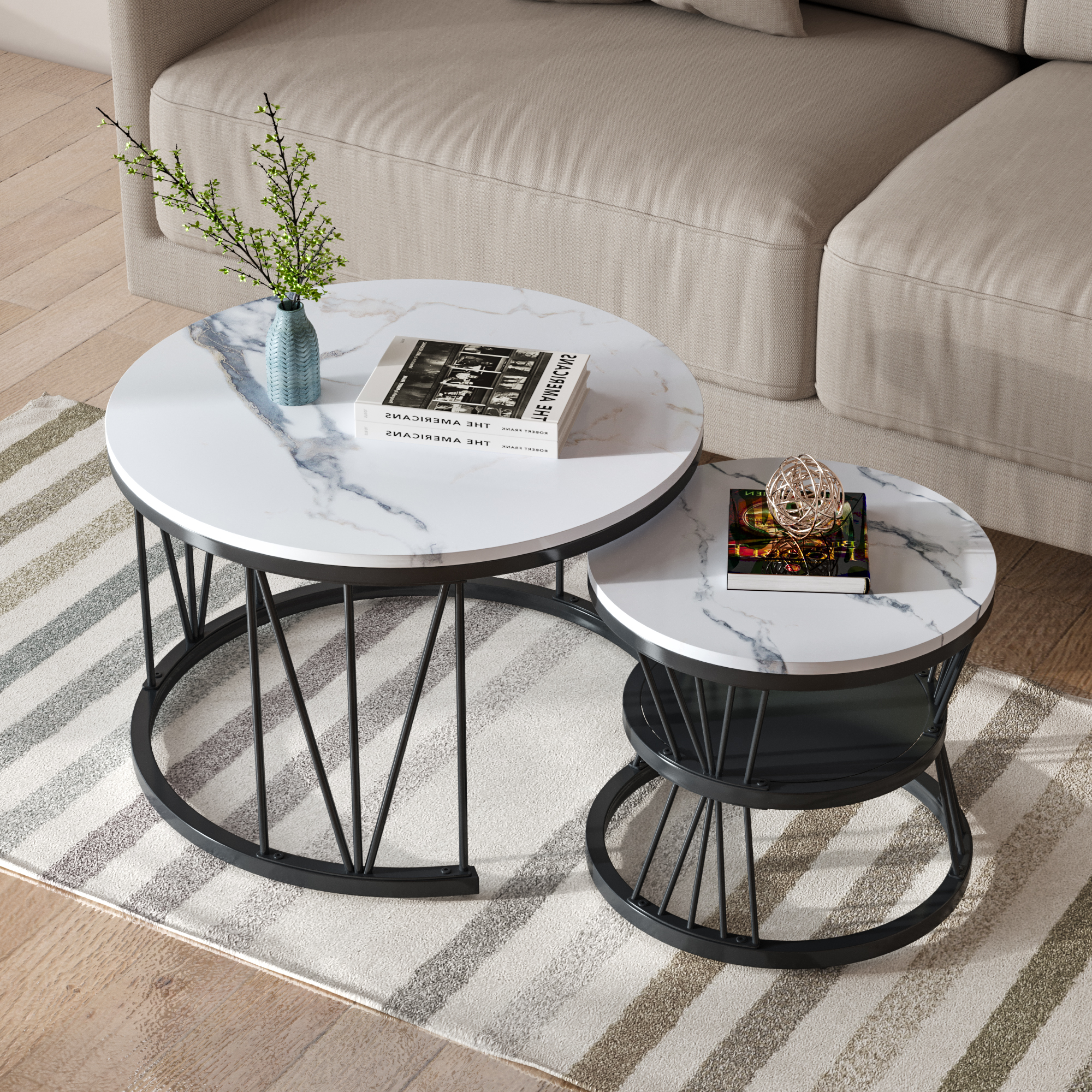 Lot De 2 Tables Basses Gigognes Rondes – Plateau Effet Marbré Noir