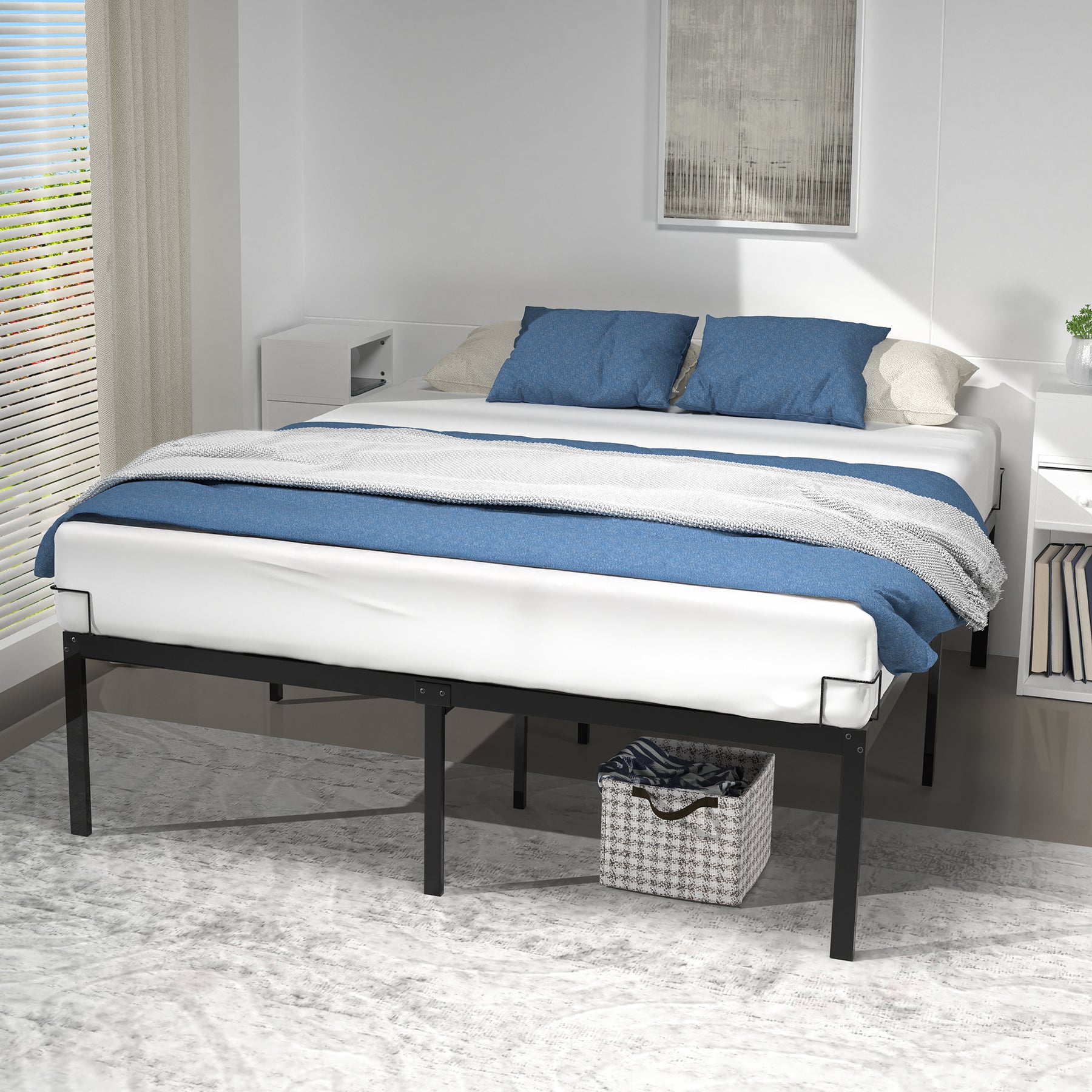 Cadre De Lit Metal Avec Fixation Sommier Et Hauteur 36cm 160x200cm Noir