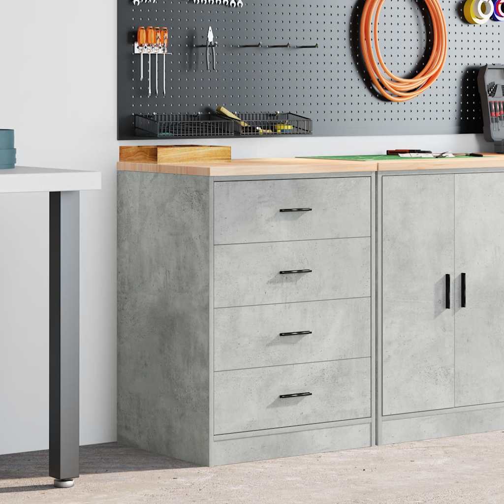 Armoire d'atelier en pin et bois d'ingénierie, 4 tiroirs et plan de travail, 60x51x85 cm, gris béton