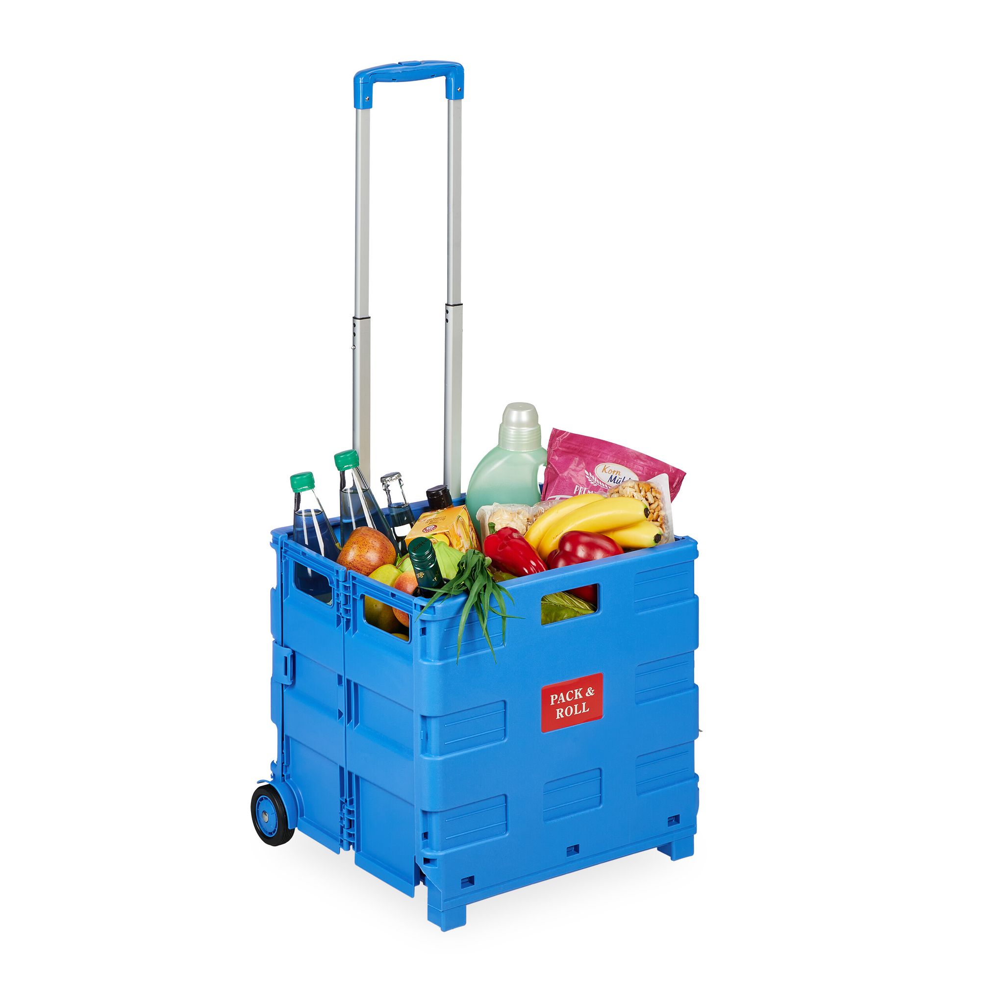 Relaxdays Shopping Trolley, Foldable, Up To 35 Kg, 50 L, With Telescopic Handle, Shopping Transport Cart, Blue