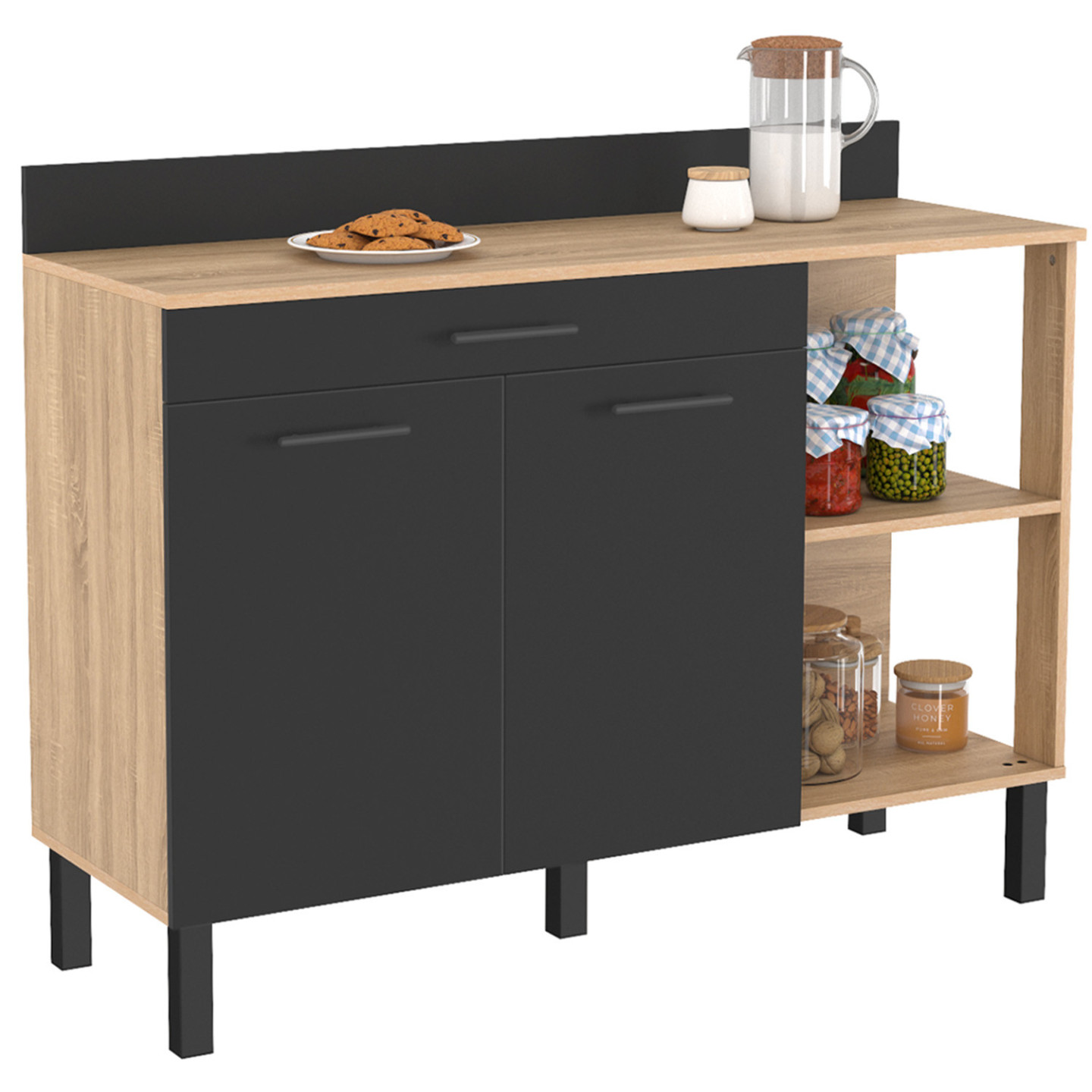 Buffet Bas De Cuisine 120 Cm Cina Plan De Travail H.83 Cm 2 Portes + Tiroir Façon Hêtre Et Noir