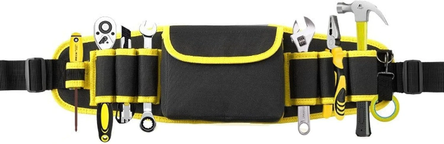 Ceinture porte-outils d'électricien réglable, 6 poches, tour de taille jusqu'à 130 cm, jaune