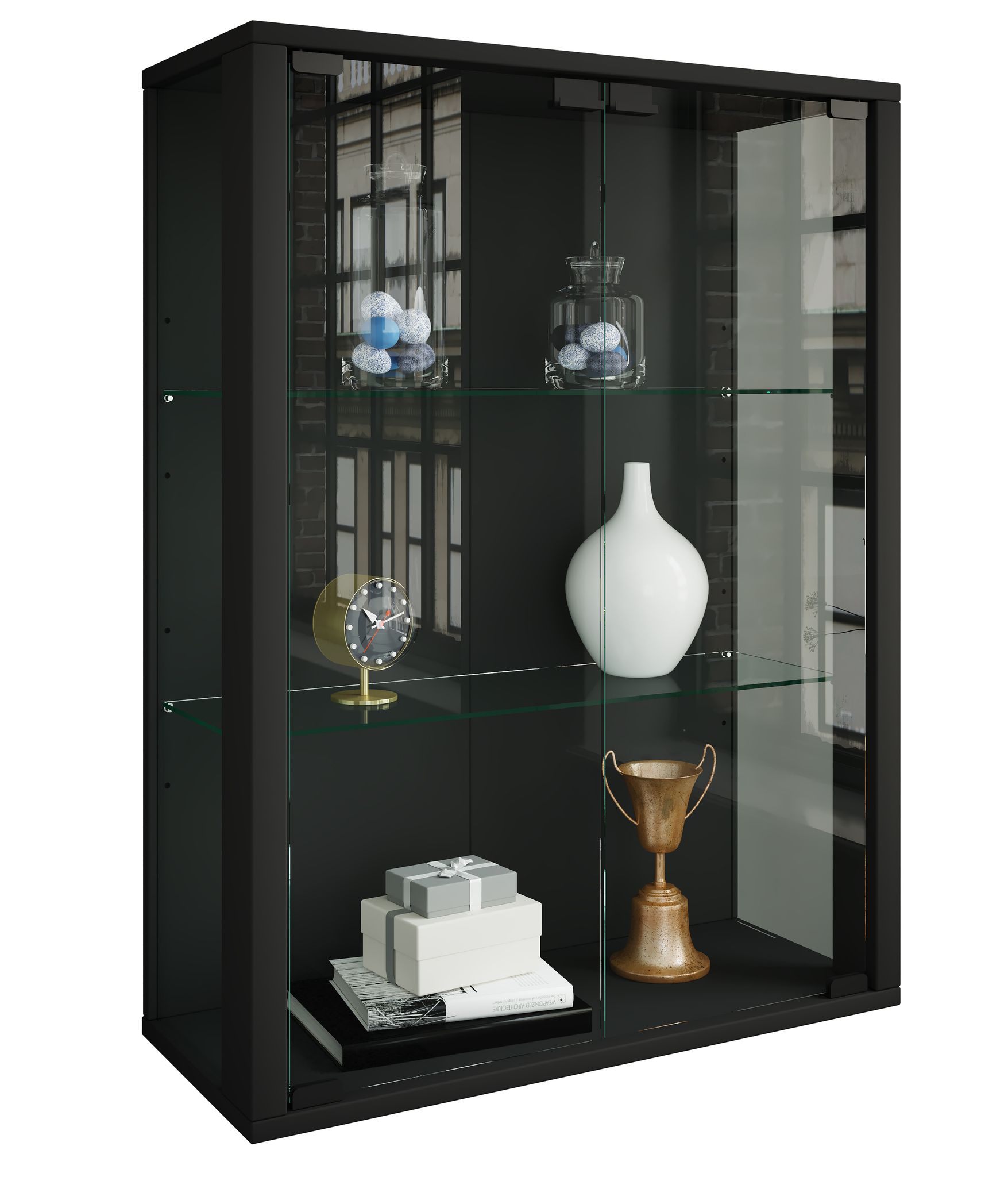 Vcm Nordic Schwarz Udina Hängeschrank Ohne Led, Mit 2 Türen Und 2 Einlegeböden – Glas Und Es Holz, - Image 6