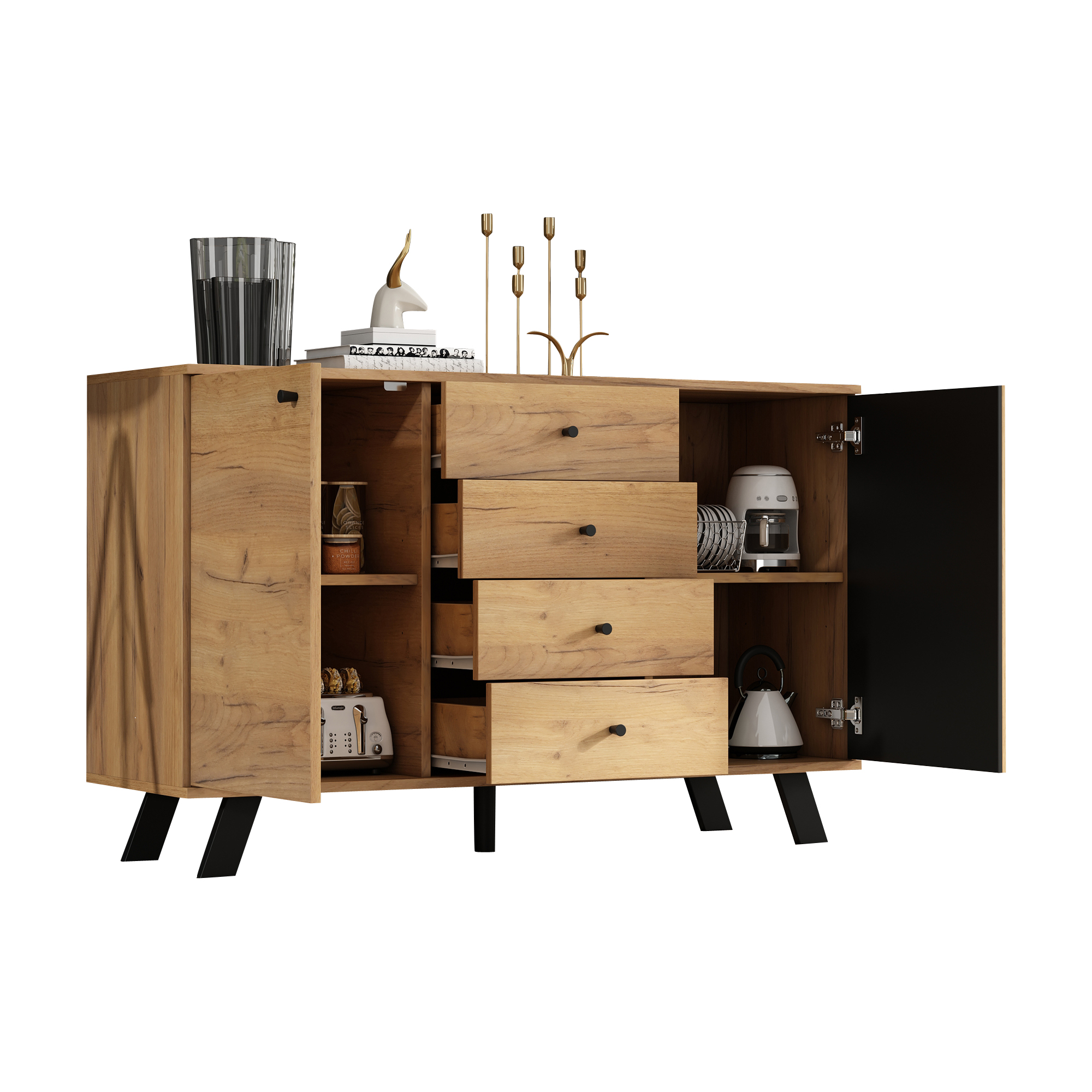 Stilvora Sideboard Mit 2 Türen Und 4 Schubladen, 5 Ebenen Stauraum, Aus Mdf Und Massivholz, Schwarz Und Natur, 120×38×75 Cm