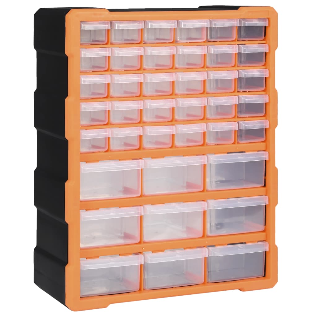 Organisateur 39 tiroirs en PP orange et noir, 38 x 16 x 47 cm, 30 petits et 9 moyens, fixable au mur