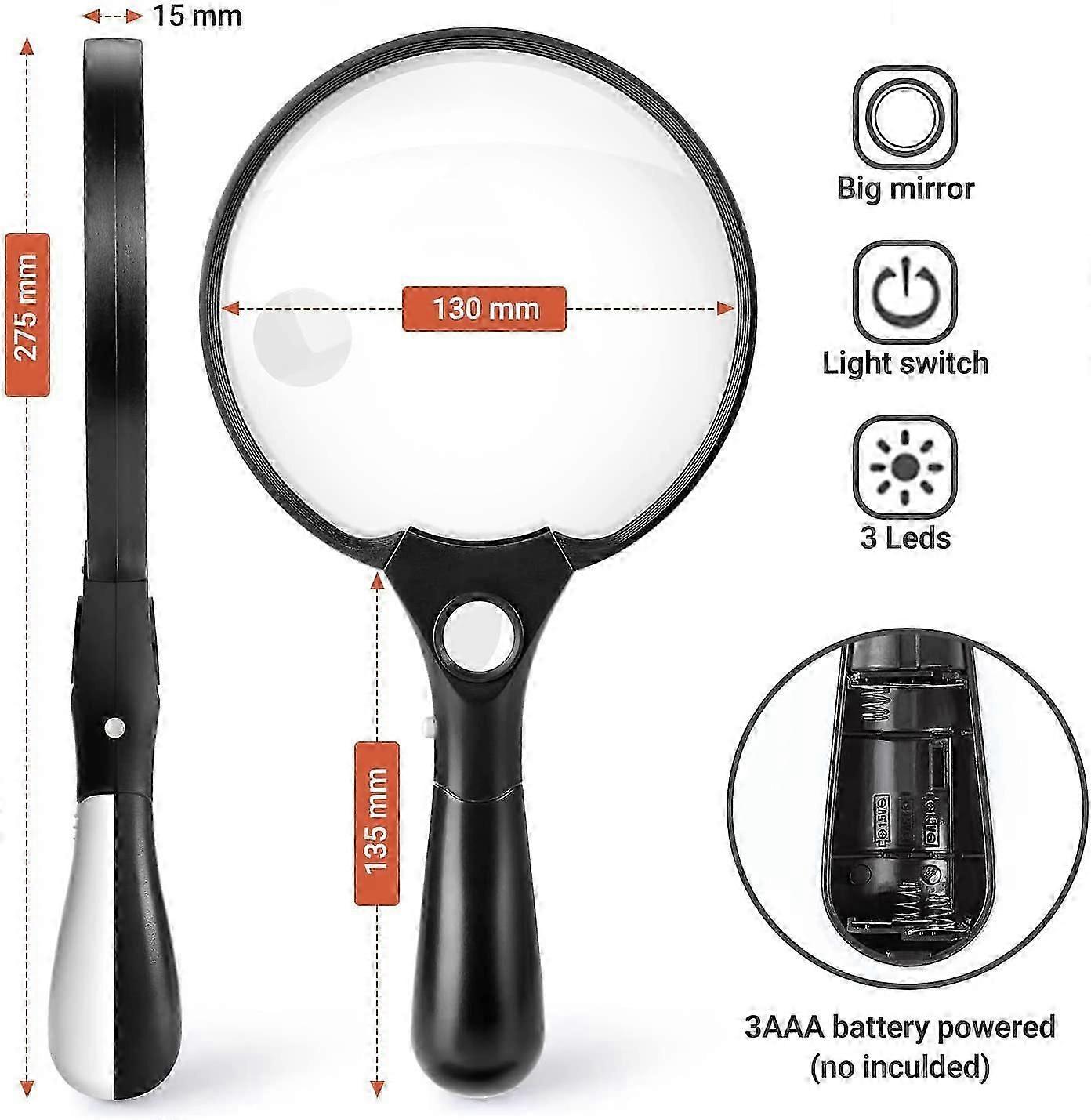 Loupe de poche LED avec éclairage, grossissement 2x 4x 25x, double lentille 90 mm, 160 g