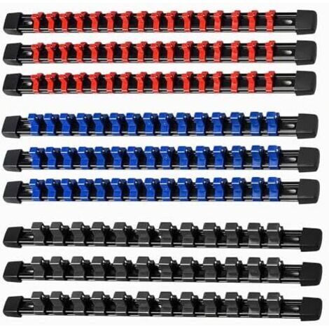 Rails de rangement pour douilles 1/4, 3/8 et 1/2 pouce, 129 clips à bille, ABS renforcé, lot de 9