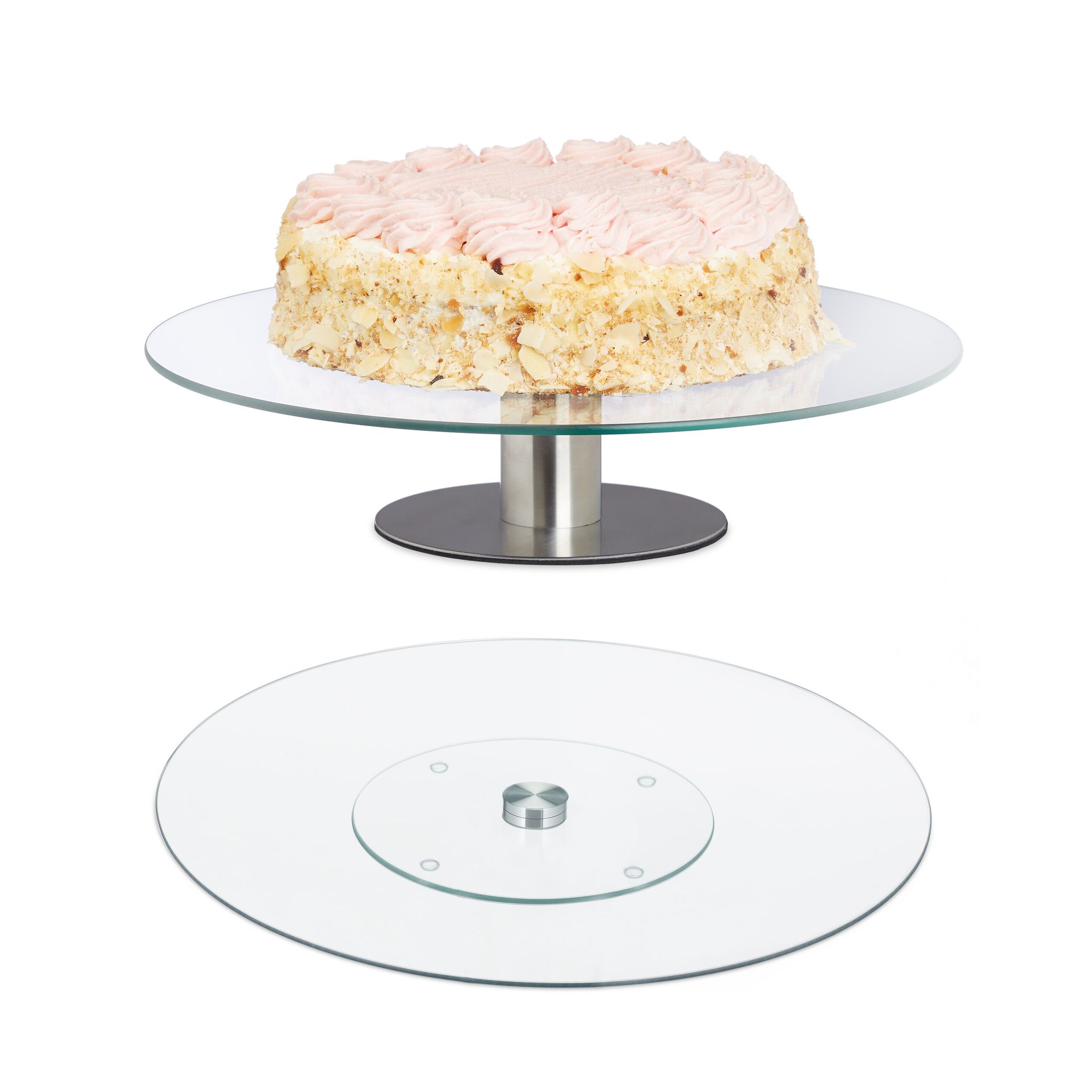 Relaxdays Set Of 2 Cake Plates, With & Without Stand, Rotatable, 7x30cm, Round Pastry Display, Glass, Transparent/silver
