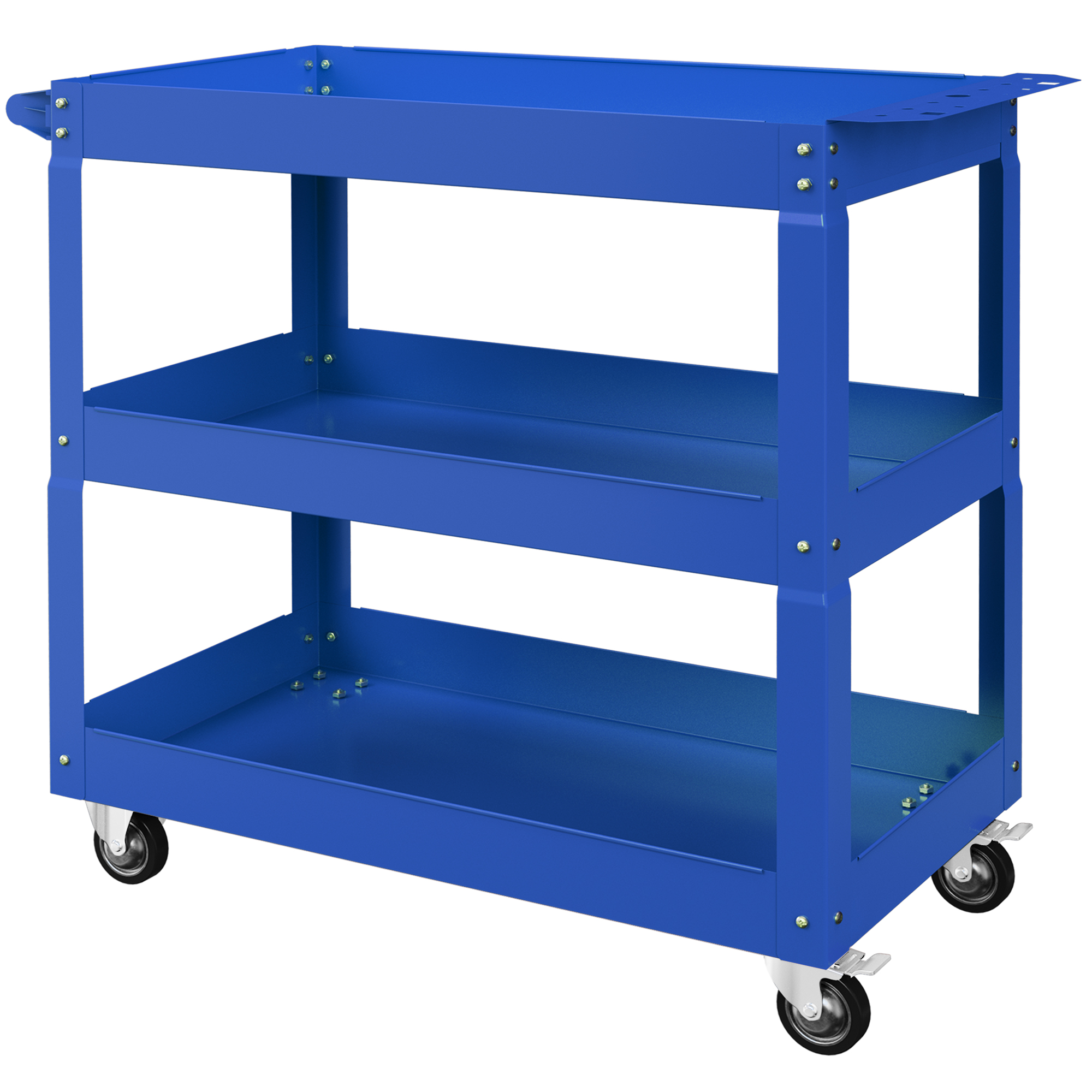 Chariot d'atelier 3 plateaux en acier bleu, charge 150 kg, 2 roues avec frein, poignée