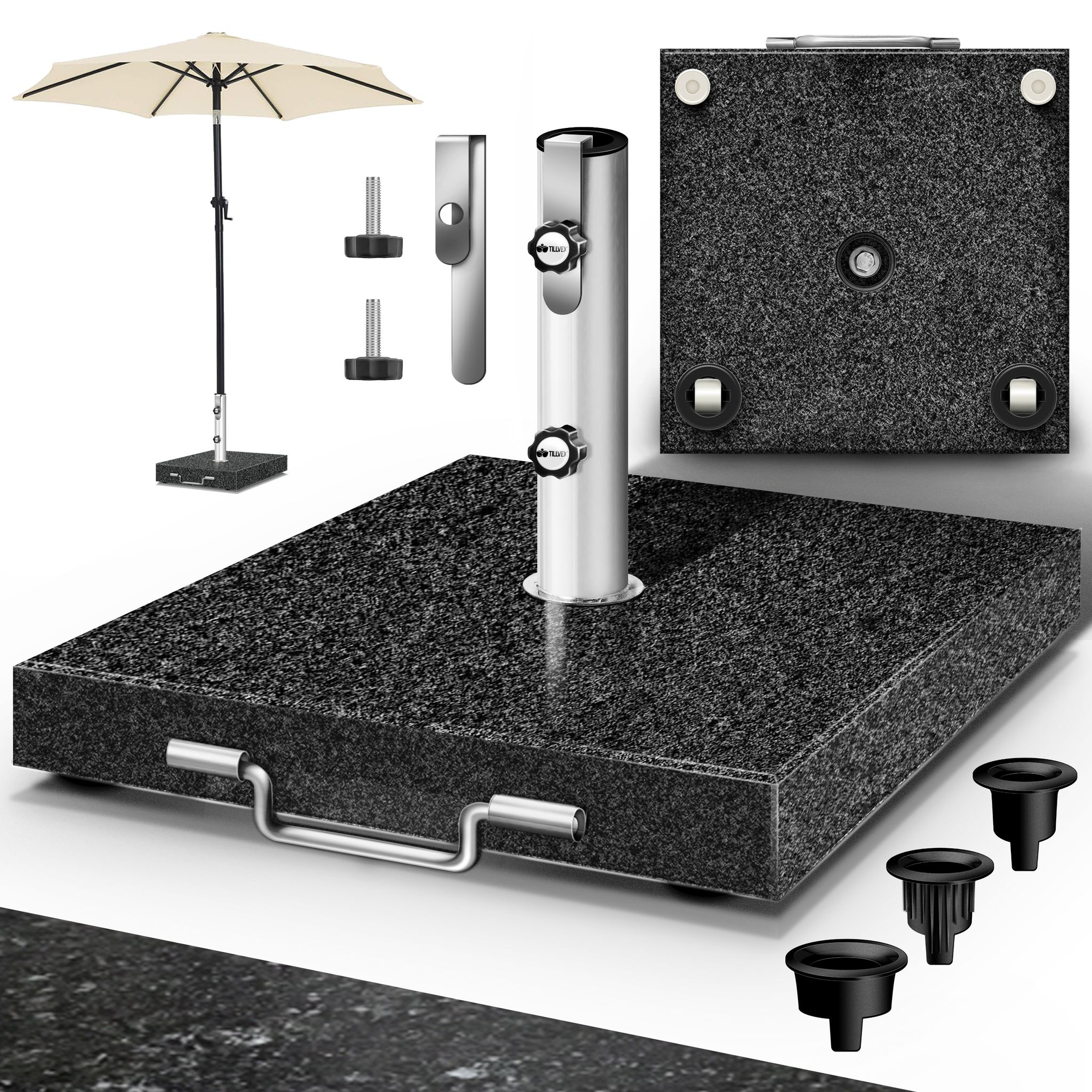 Tillvex – Pied De Parasol En Granit 27 Kg Avec Roulettes Et Poignée