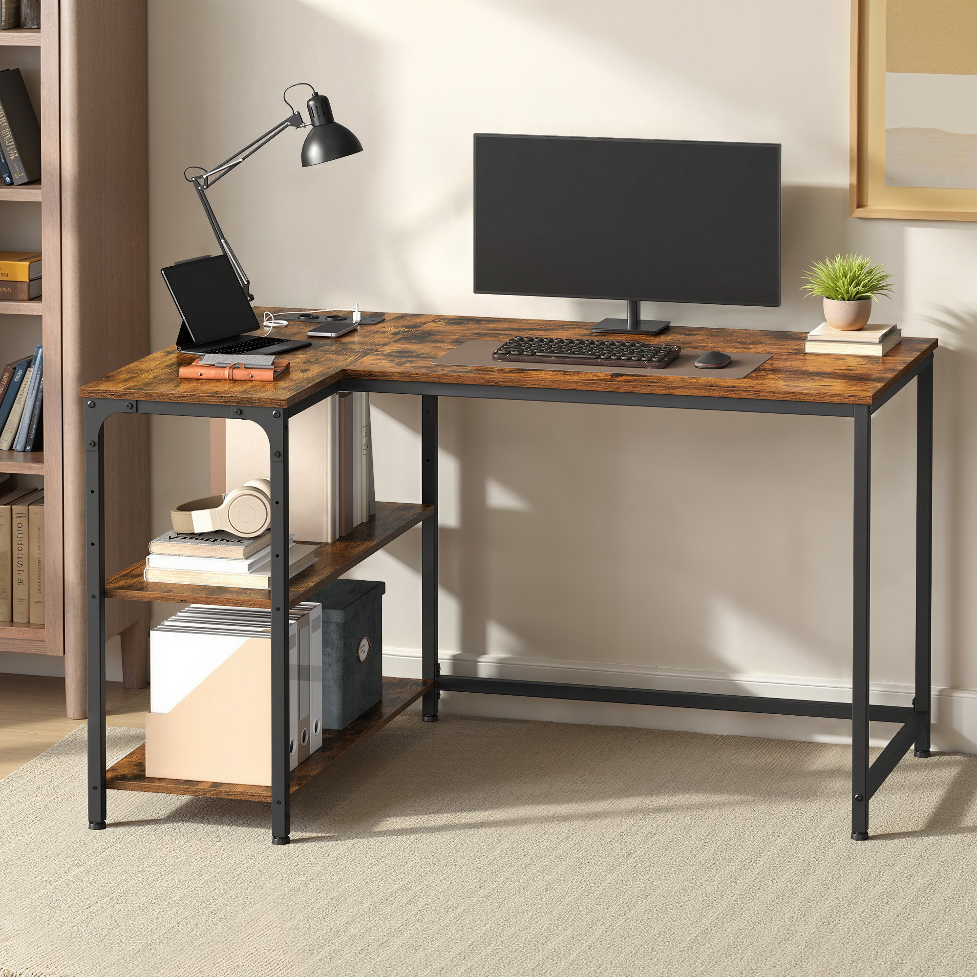 Bureau En L, Étagères Réglables Avec Rangement