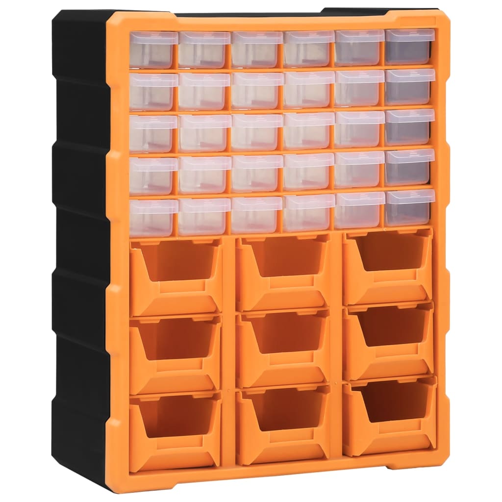 Organisateur multi-tiroirs 39 compartiments en polypropylène, 38 x 16 x 47 cm, orange et noir
