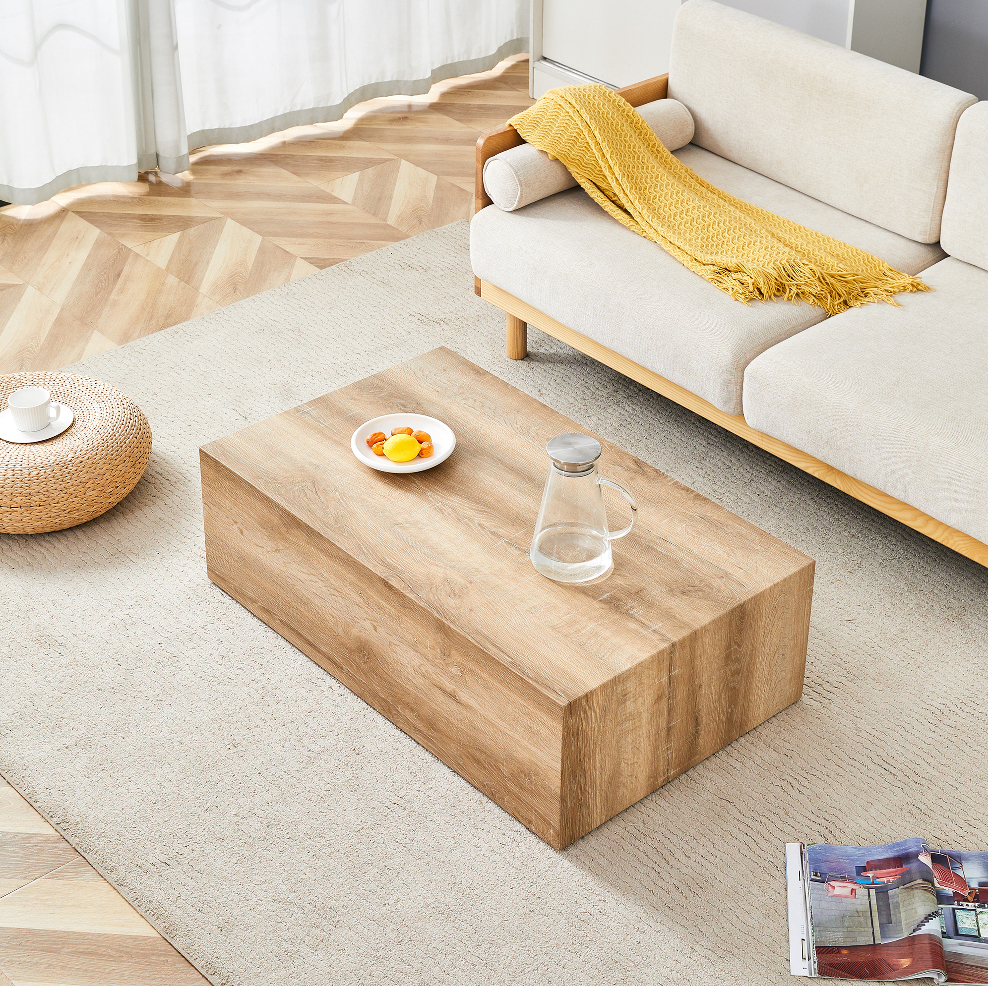 Okwish Rechteckiger Couchtisch Mit Holzoptik, Rutschfesten Bodenschonern, Aus Mdf, Helle Farbe, 90x50x30 Cm