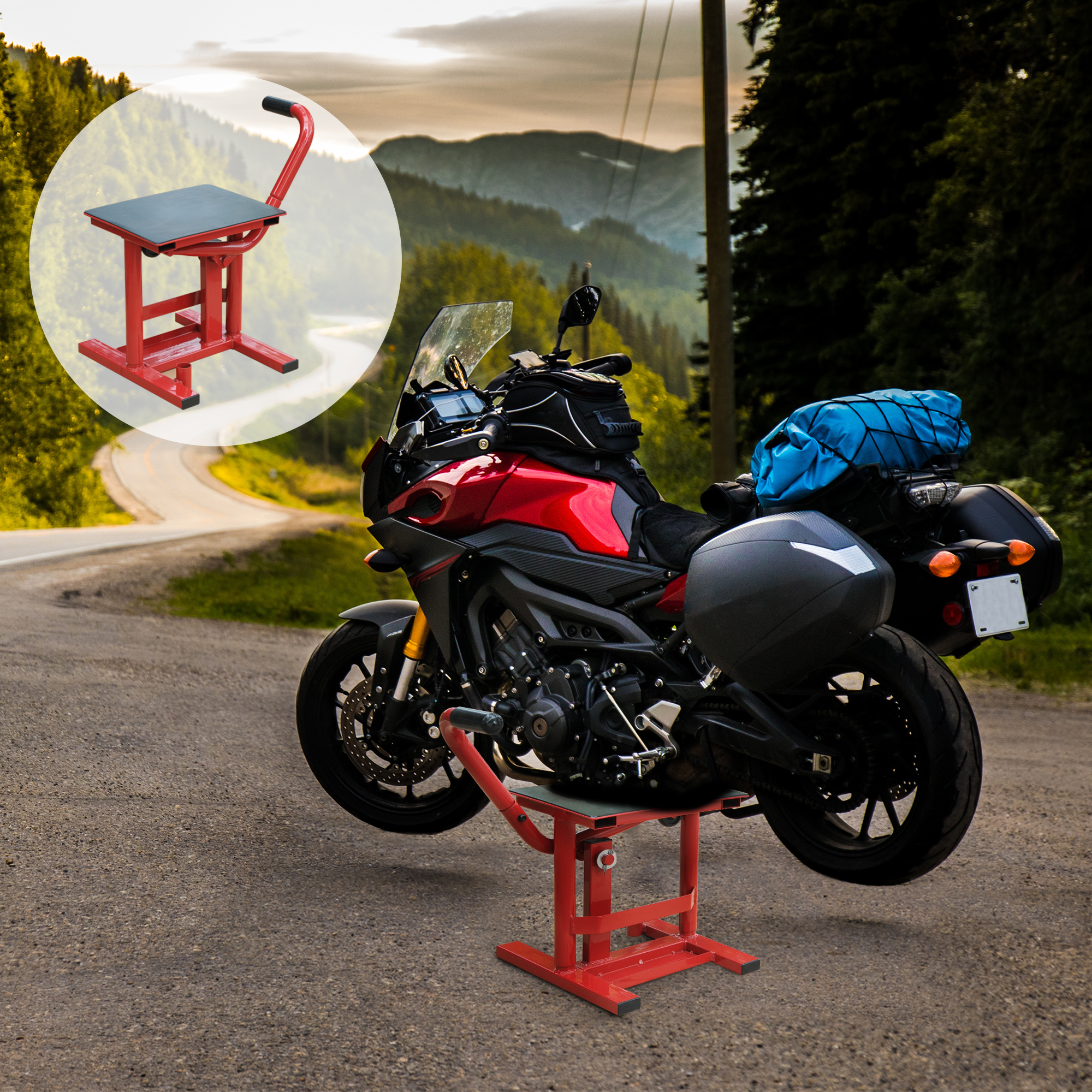 Lève-moto d'atelier à hauteur réglable 30 à 40 cm, plateau caoutchouc 28 x 34 cm, rangement outils intégré, rouge et noir
