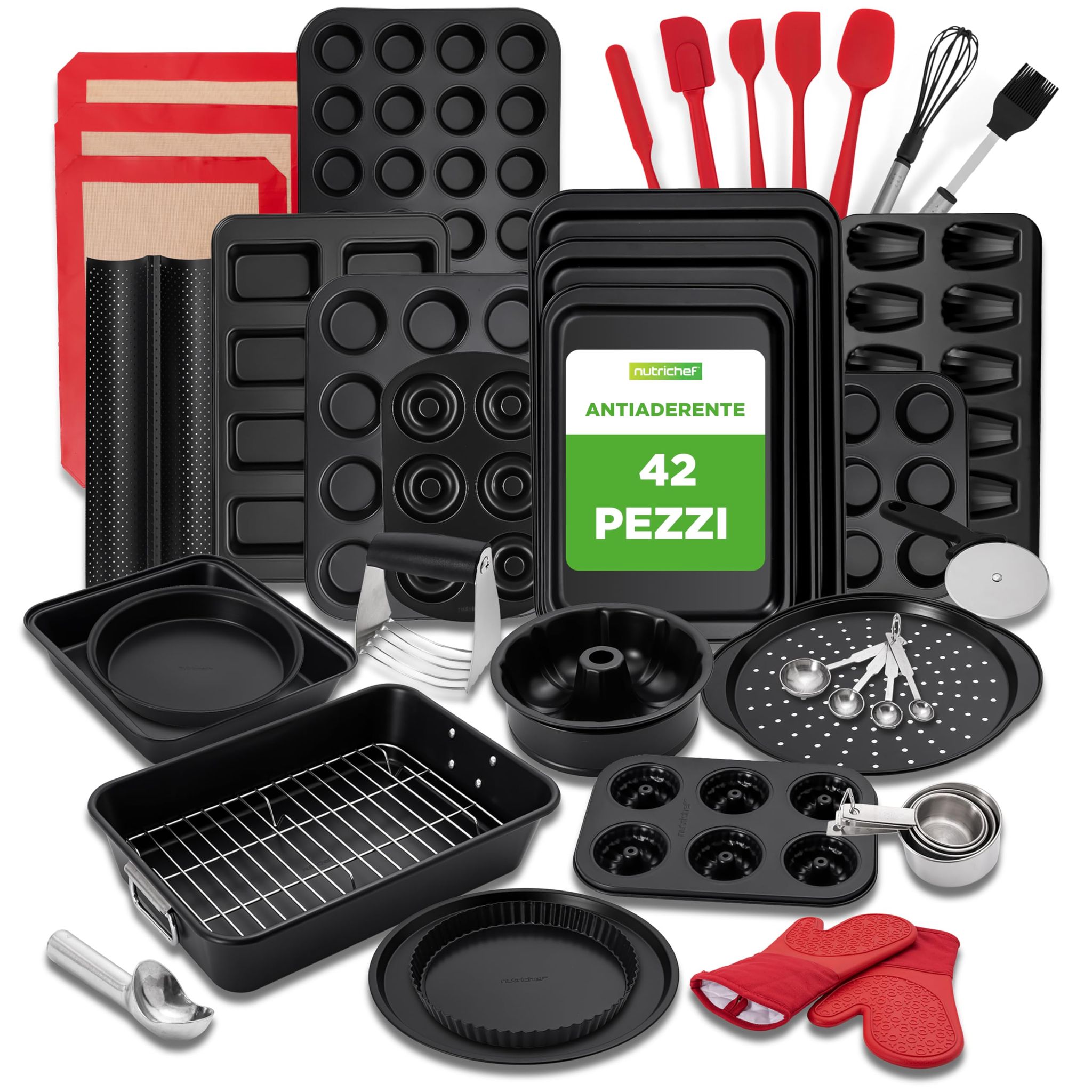 Nutrichef Set Teglie Forno 42 Pezzi Antiaderenti In Acciaio Al Carbonio, Teglie Da Forno Per Pizza, Pane, Dolci, Torta, Biscotti, Stampo Muffin E Stampo Plumcake