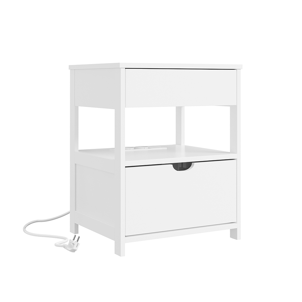 SoBuy | Table de chevet blanche avec 2 tiroirs | Meuble de rangement avec prise intégrée | Petit meuble avec tiroirs en panneaux de fibres | 45×38×55 cm | Capacité de charge 30 kg | FRG258-II-E-W