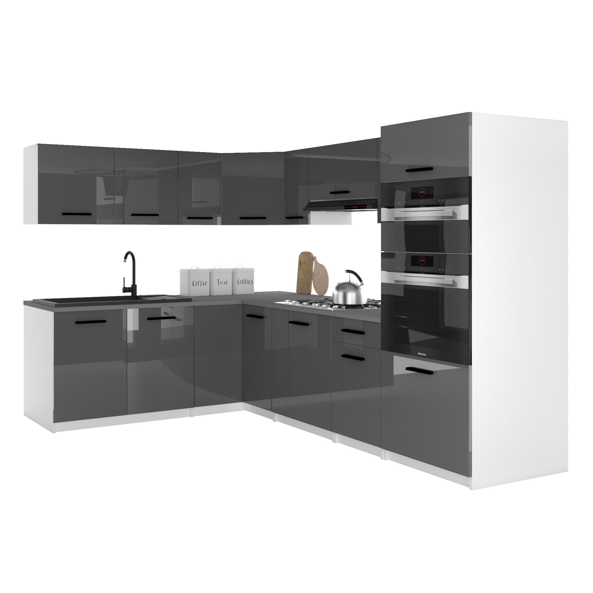 Belini Italia 8 Cuisine Equipée Modulaire Complète - 420 Cm. Meubles Hauts Bas Avec Plan De Travail, Gris Très Brillant