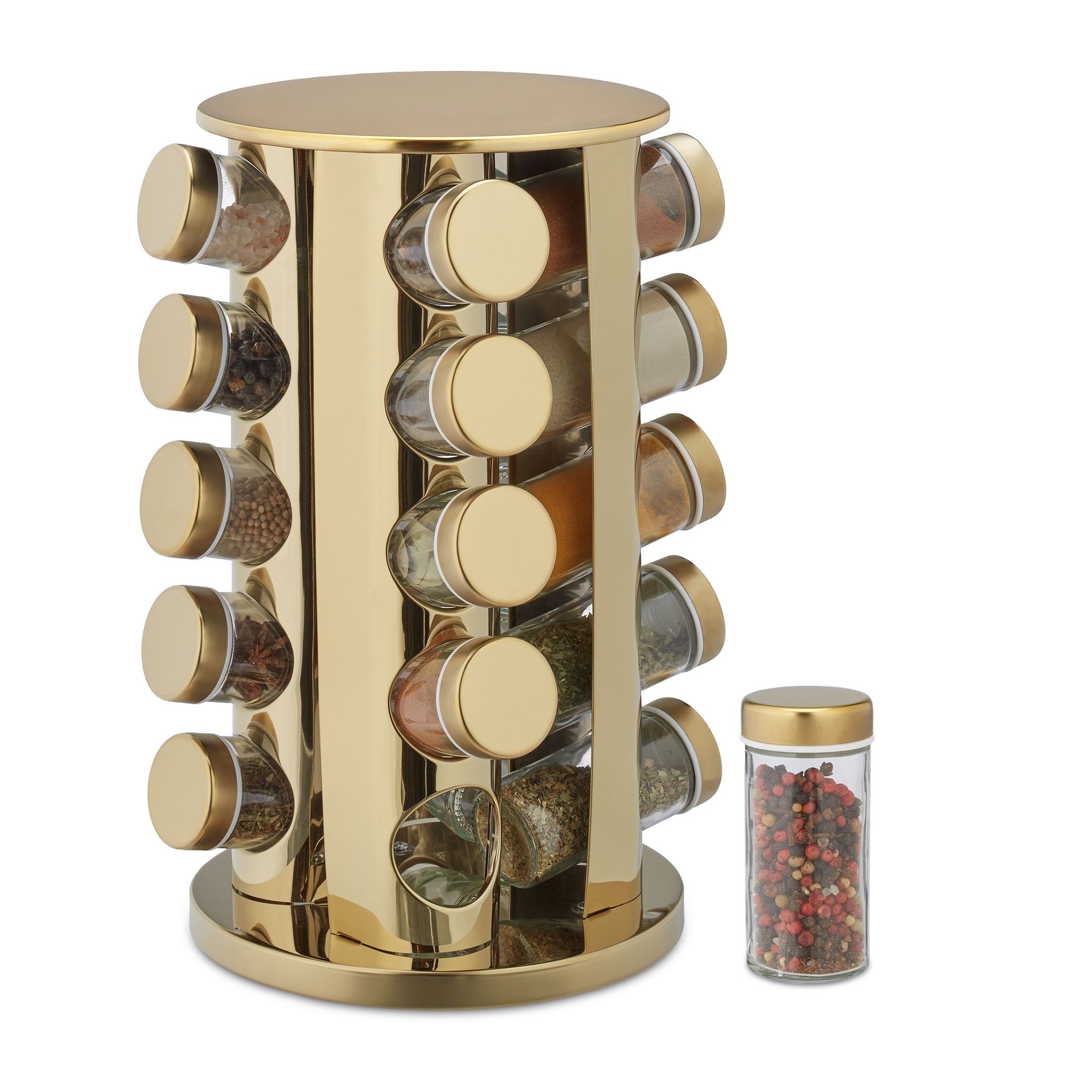 Relaxdays Portaspezie Da Cucina, Con 20 Barattoli, Girevole A 360°, Riempibile, Hlp: 33,5x23x23 Cm, Acciaio Inox, Dorato