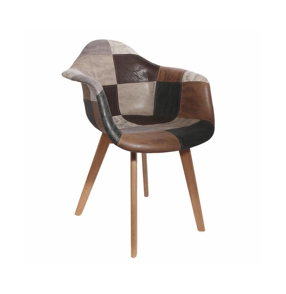 Fauteuil Cuir Synthétique Scandinave Patchwork Marron Et Gris H 85 X P