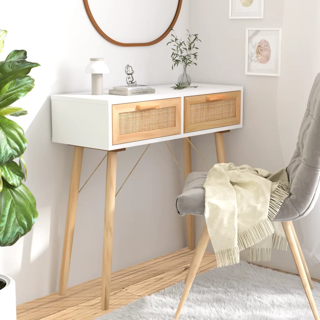 Table Console Blanc 80x30x75 Cm Bois Massif Pin /rotin Naturel Vidaxl