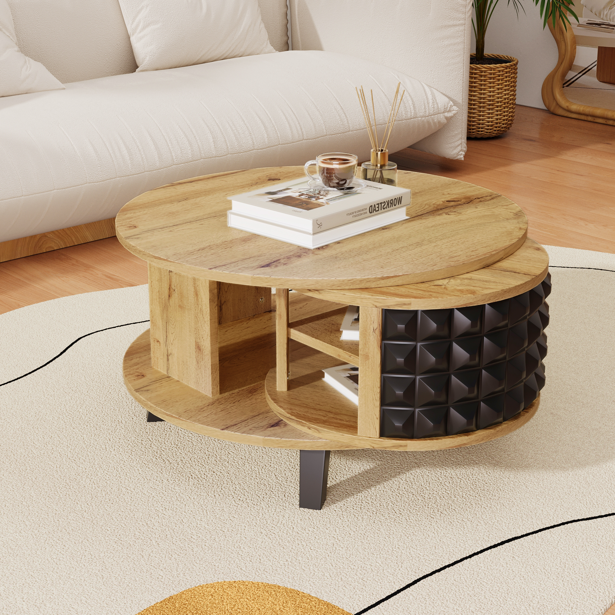 Neche – Table Basse En Bois Avec Étagère Cachée – Rangement Rotatif