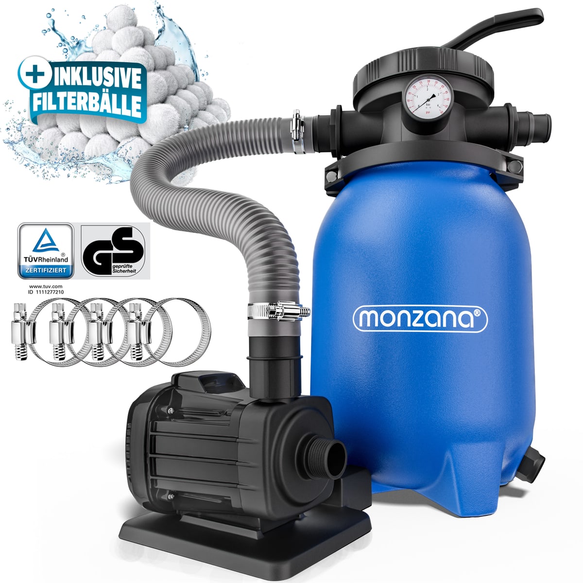 Monzana® Sandfilteranlage Mzpf180 5000 L/h Bis 15.000l Pool Mit Filterbällen 7 Wege Ventil 2in1 Adapter Ø32-38mm 180w Filteranlage Pumpe Filterkessel