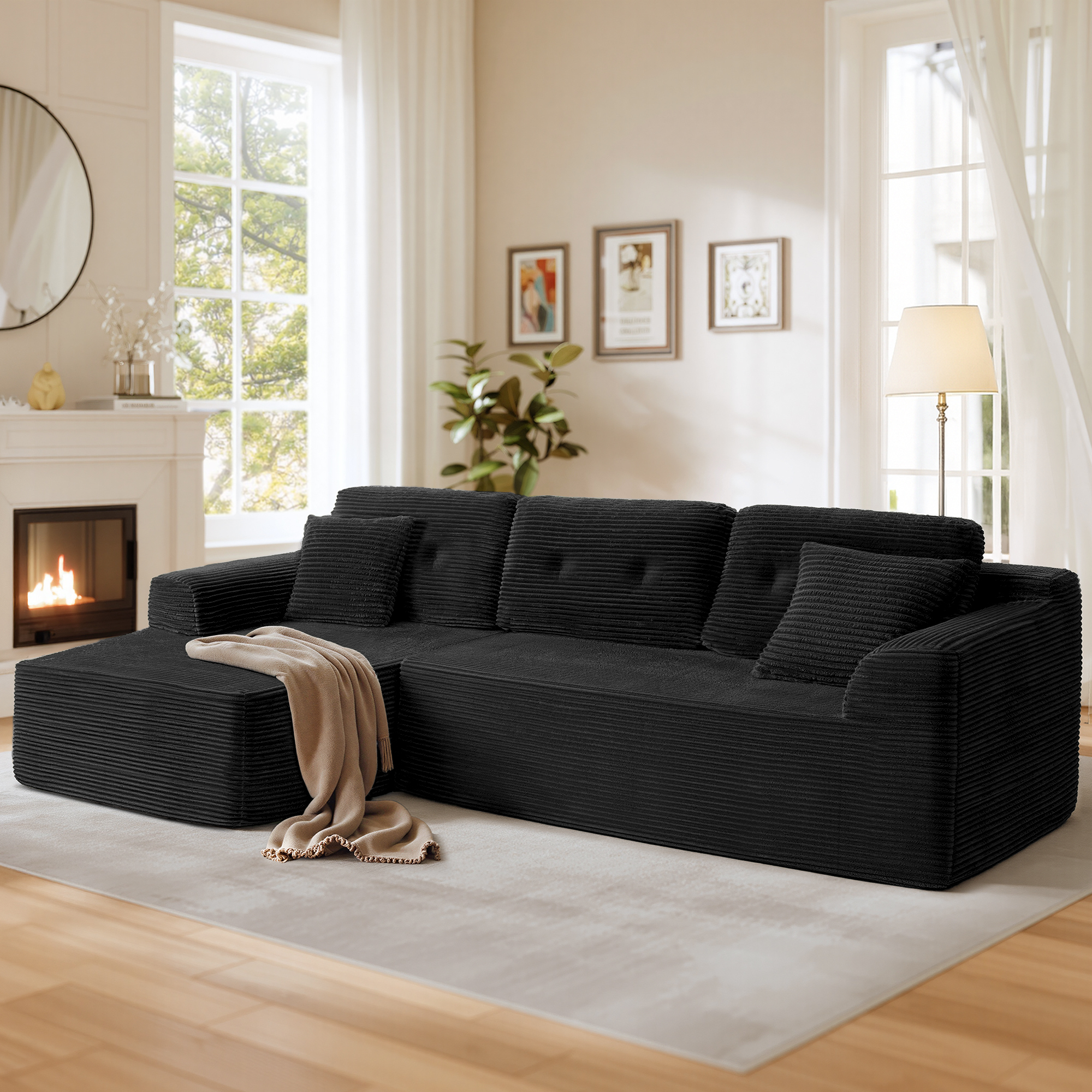 Vasagle – Canapé D'Angle Convertible Modulable En Velours Côtelé Noir