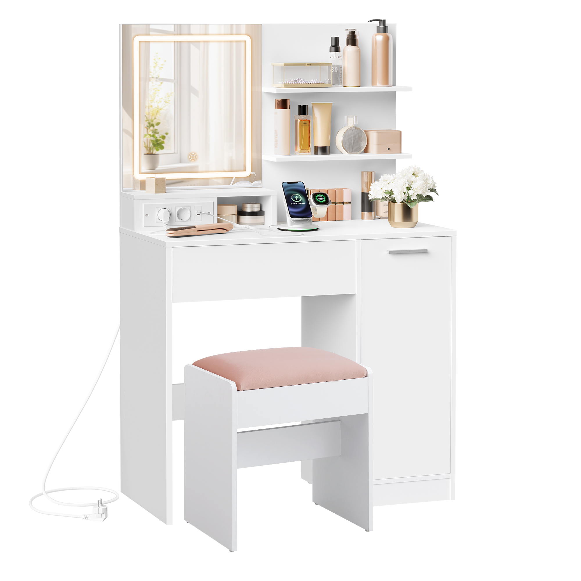 Kailyn Collection - Coiffeuse Avec Miroir Led Et Tabouret