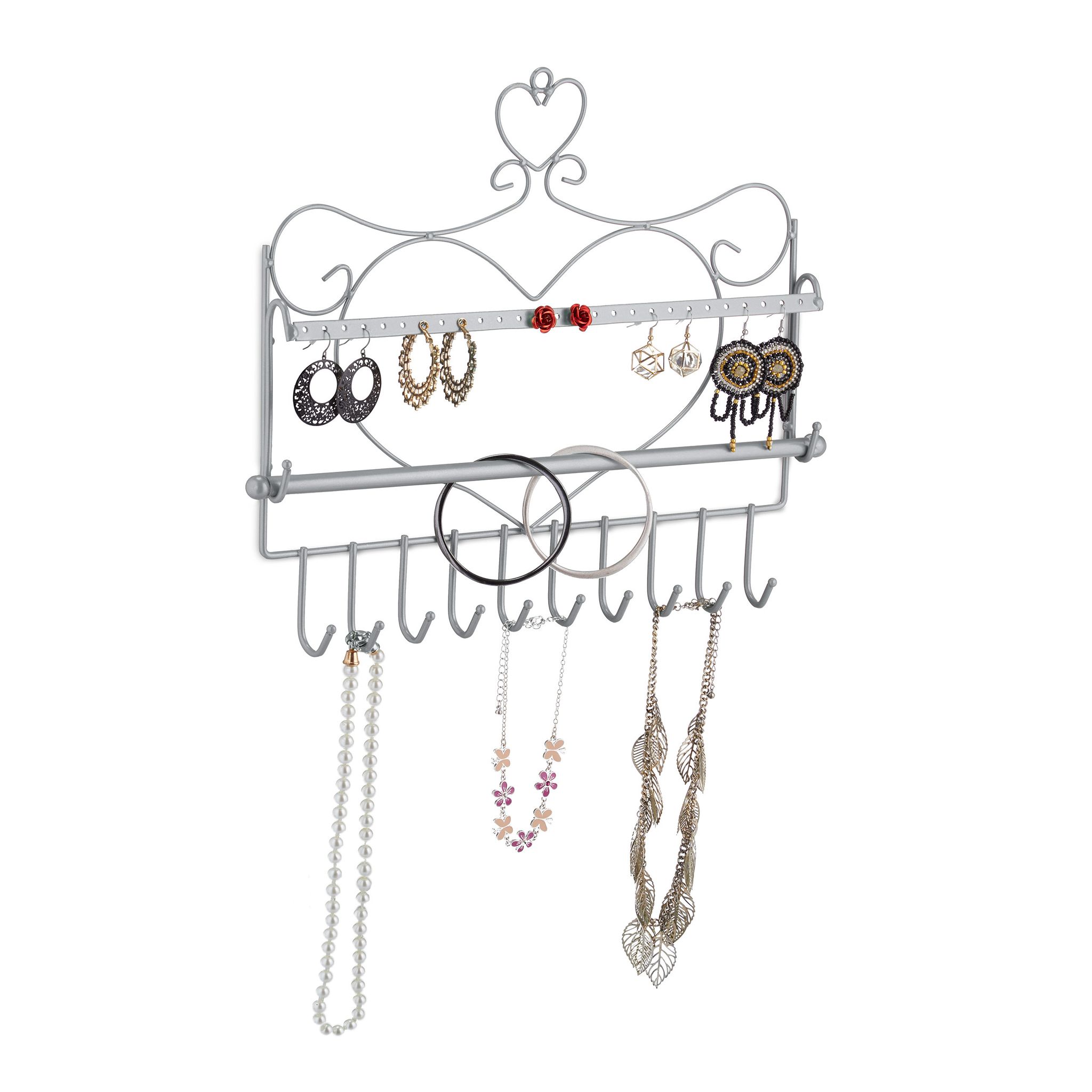 Relaxdays Versilbert Wand Schmuckhalter, Für Ketten, Ohrringe & Armbänder, Kettenhalter Herzform, Hxbxt: 30 X 36,5 X 3,5 Cm, Silber