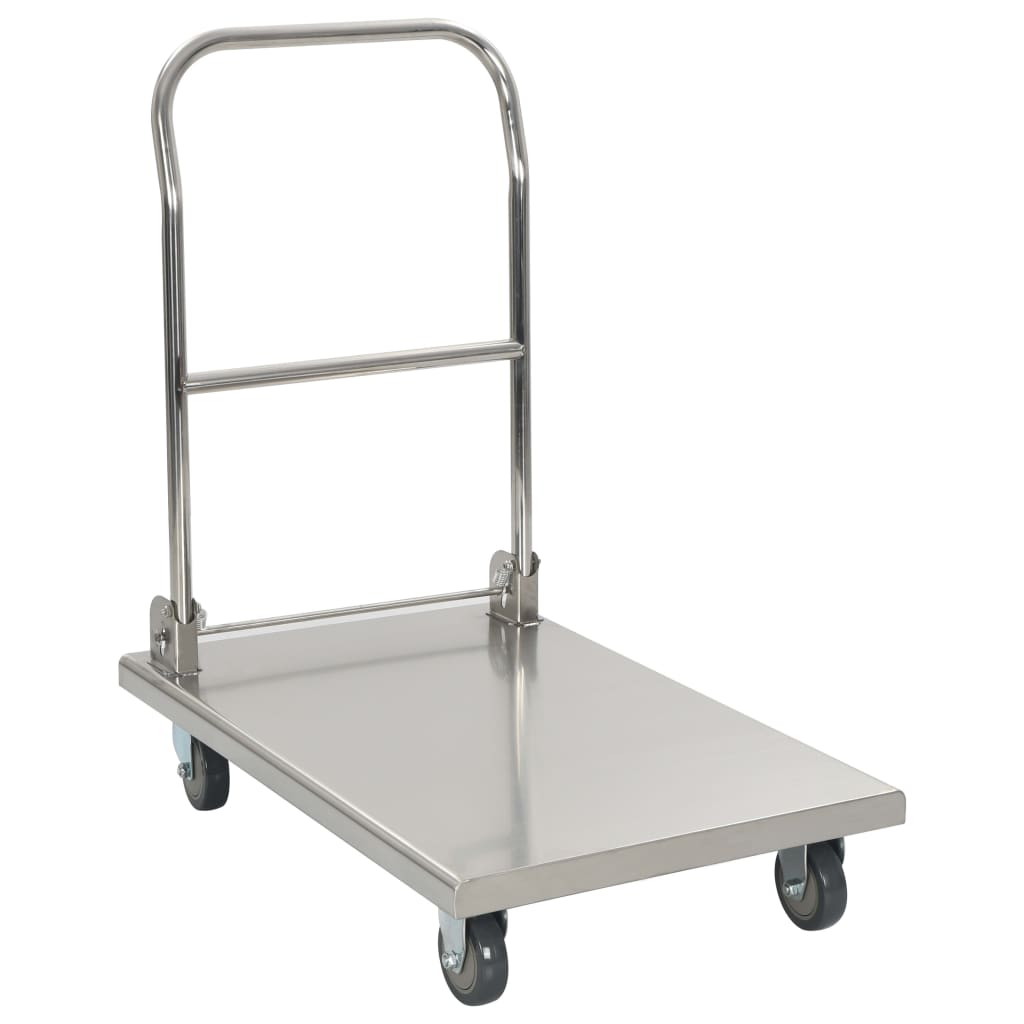 Chariot à plateforme pliable en acier inoxydable, charge 200 kg, 2 roulettes pivotantes et 2 fixes