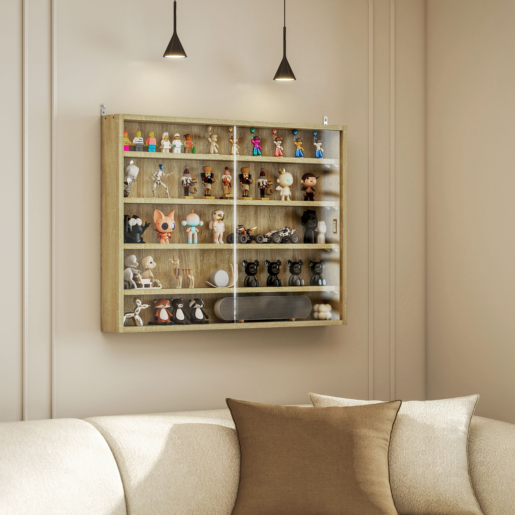 Vitrine Murale En Bois Avec Étagères Réglables Et 2 Portes Coulissantes