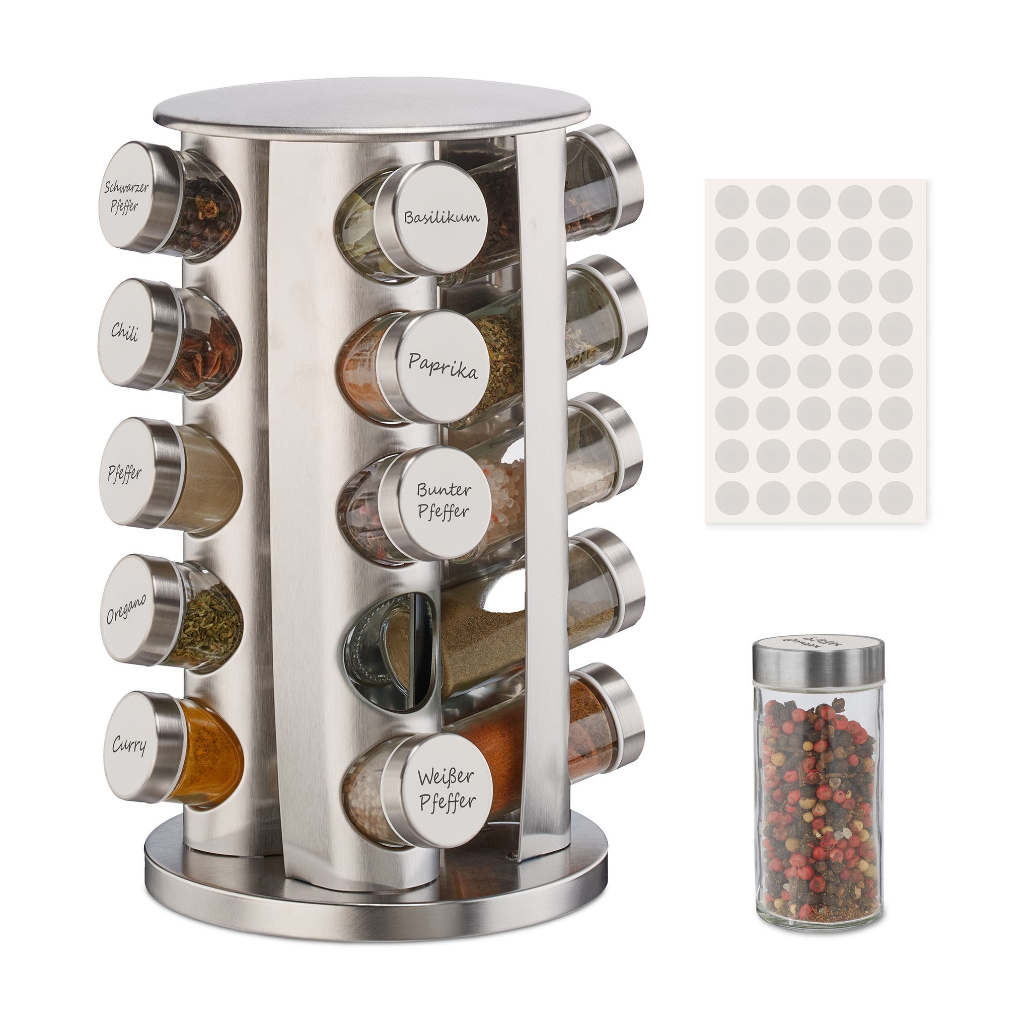 Relaxdays Portaspezie Da Cucina, Con 20 Barattoli, 40 Etichette, Girevole A 360°, Riempibile, Acciaio Inox, Argentato