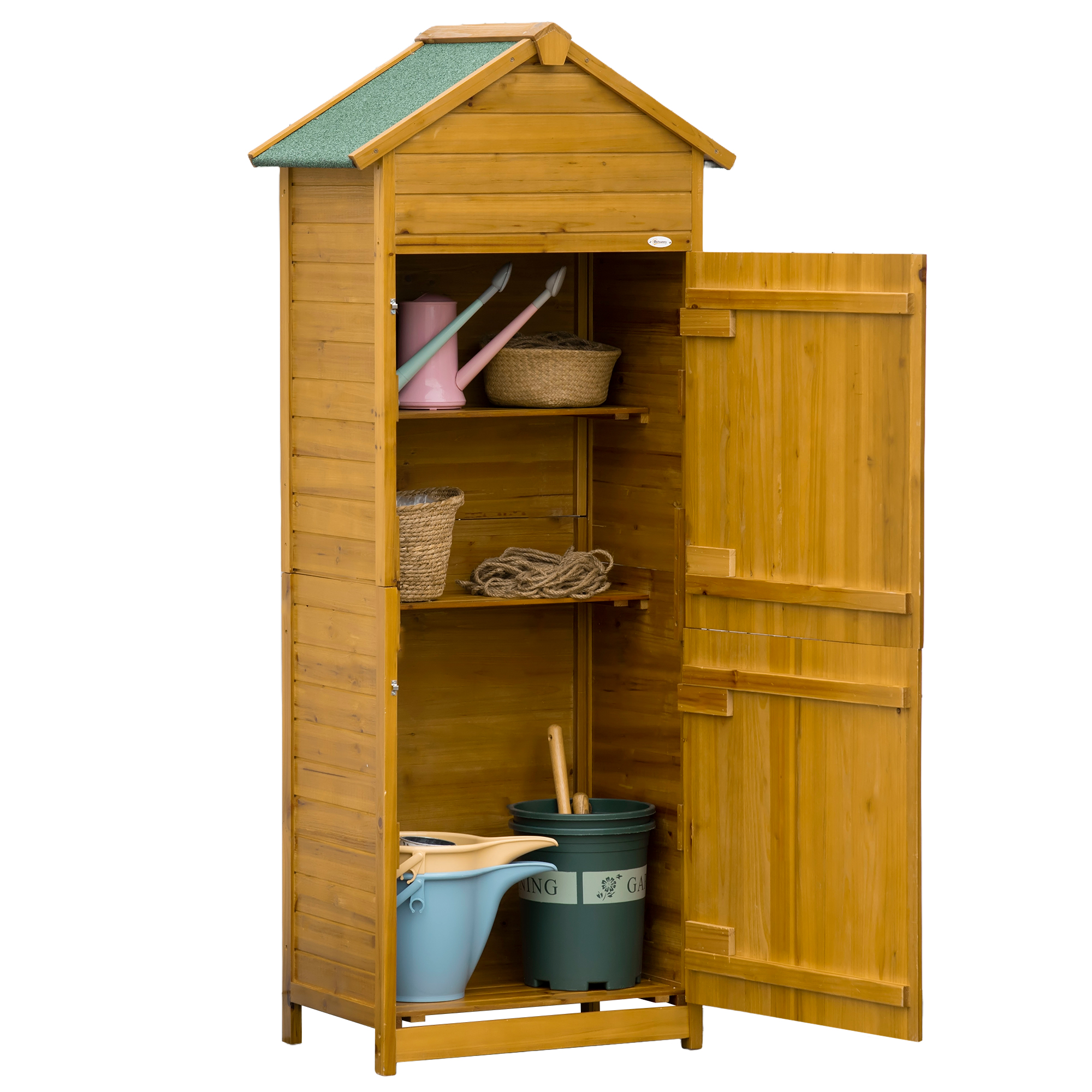 Outsunny Gartenschrank Holz, Geräteschuppen Wetterfest 79x49x191,5cm, Gerätehaus Mit Doppeltür, Satteldach, Geräteschrank Mit Böden, Werkzeugschrank Gartenschuppen Für Garten, Terrasse, Naturholz