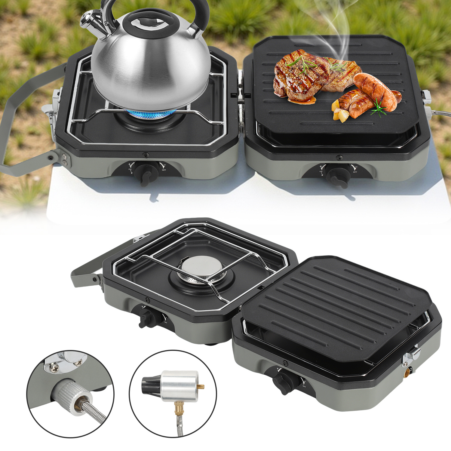 Jiubiaz Barbecue A Gas Da Campeggio A 2 Fuochi, Fornello Portatile Con Piastra Antiaderente E Griglie Cromate, Sicurezza Fiamma, Cucina Da Esterno