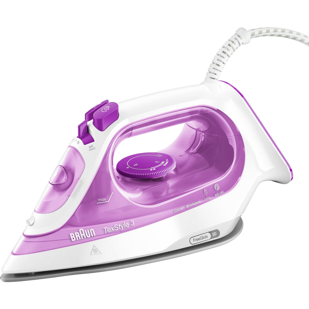 Braun TexStyle 3 SI3030PU, Dampfbügeleisen, Keramik-Bügelsohle, 2 m, 145 g/min, Pink, 45 g/min - Image 5