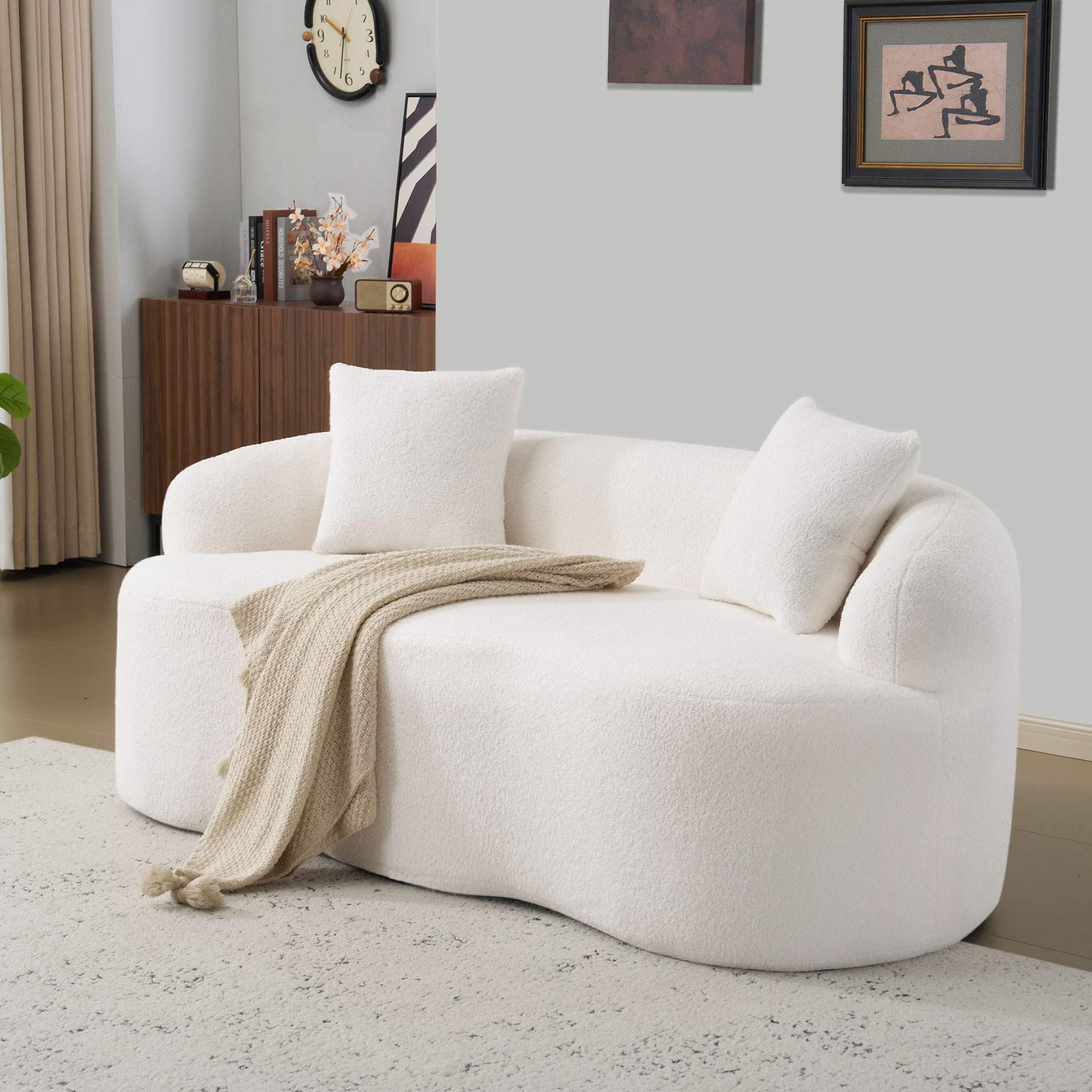 Canapé 2 Places Incurvé 170x89x70 Cm, Canapé Loveseat Sans Montage, Accoudoirs Ronds, 2 Coussins, Petits Espaces, Polyester, Blanc