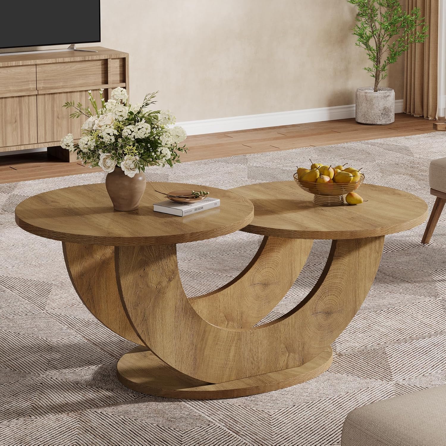Tribesigns – Table Basse Ronde À 2 Niveaux – Cadre En U – Mdf Naturel – Rangement Ouvert – Idéale Pour Salon Ou Appartement Moderne