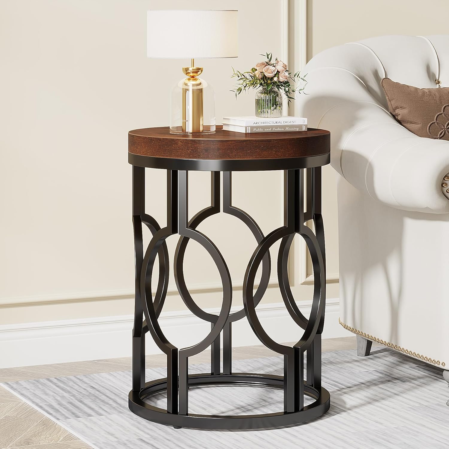 Tribesigns – Table D'Appoint Ronde Industrielle – Plateau Mdf Marron